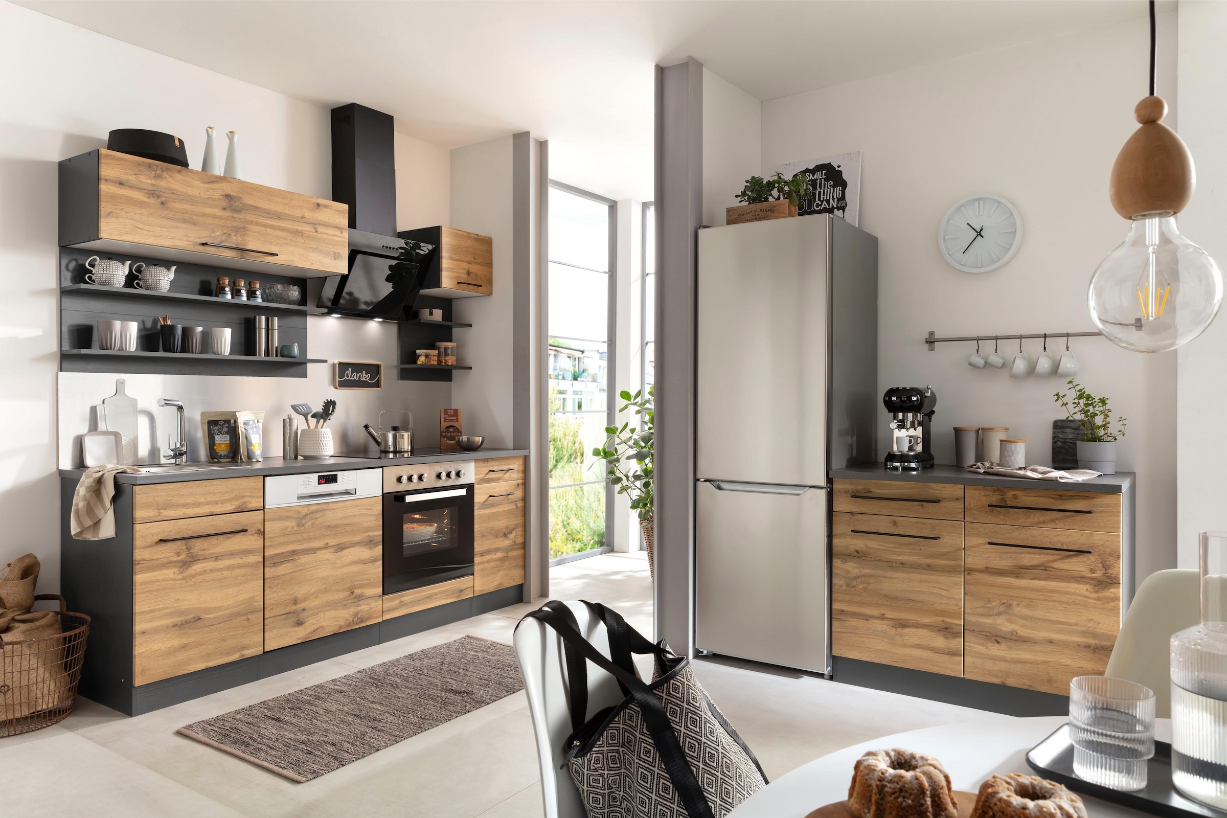 KOCHSTATION Küchenzeile »KS-Tulsa« ohne E-Geräte, Breite 210 cm, schwarze Metallgriffe, MDF Fronten