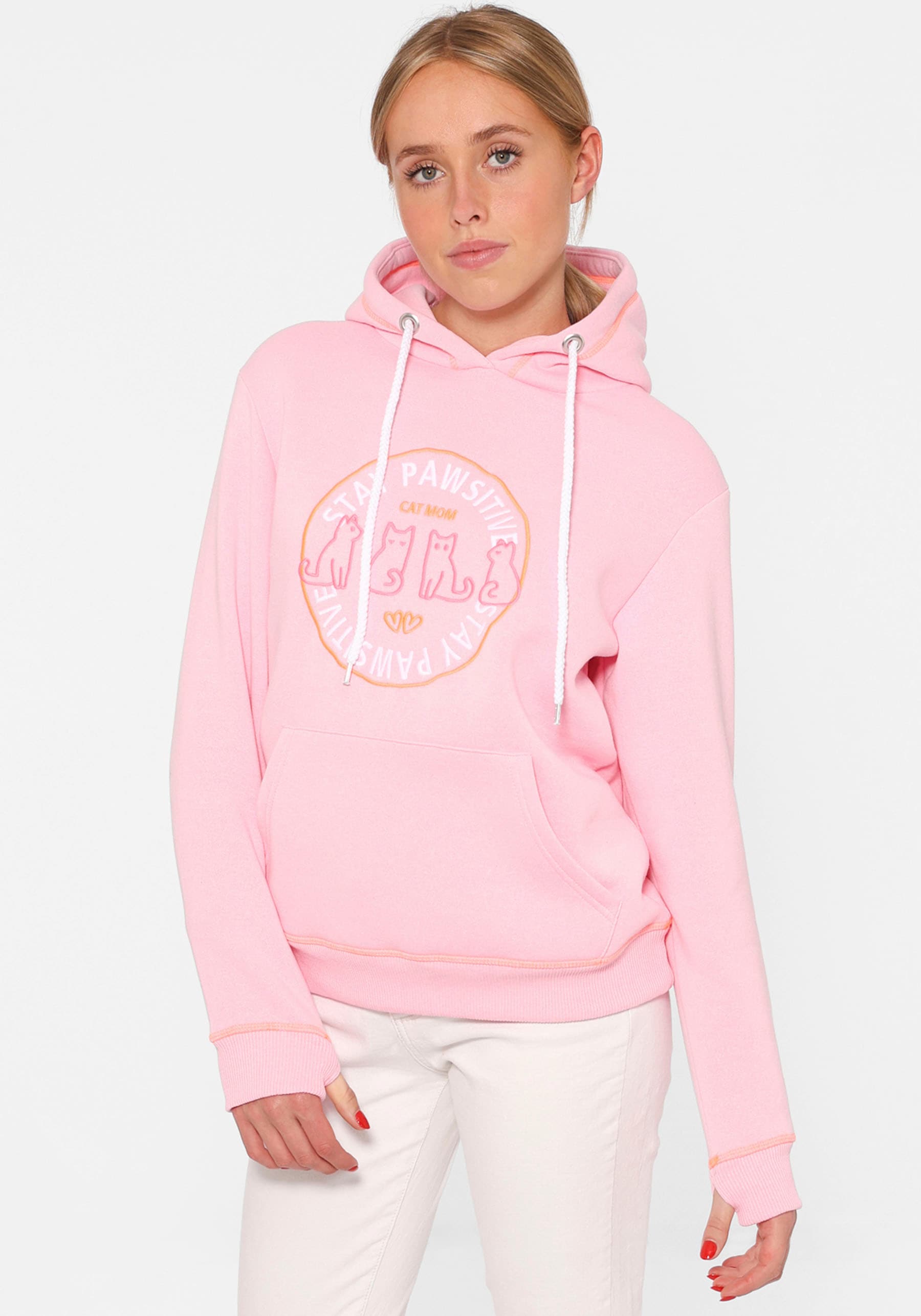 Image of Zwillingsherz Hoodie ""Cat Mom"", mit aufgesticktem Katzenmotiv und Kontrastnähten