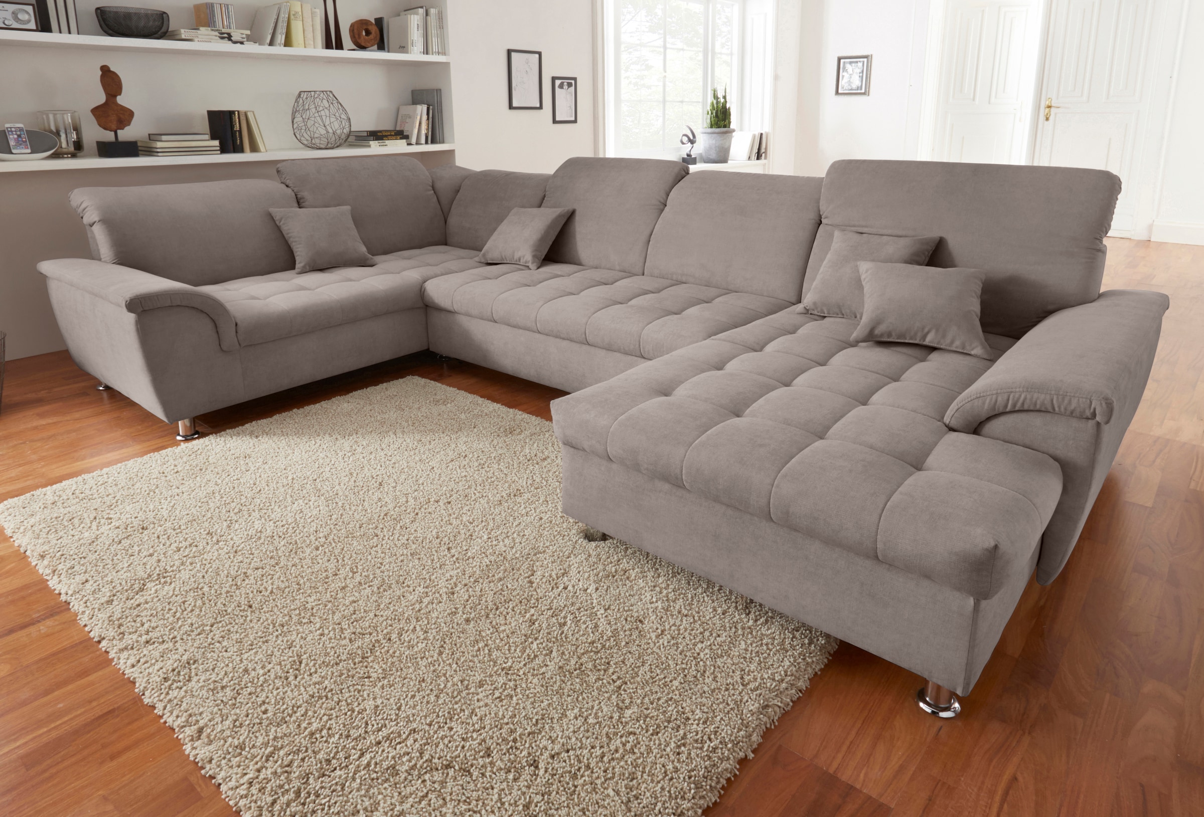 Image of DOMO collection Wohnlandschaft "FRANZI 344x206x81 cm, elegant, komfortabel" U-Form, Recamiere rechts, taupe, B/T: 344/ 206 cm