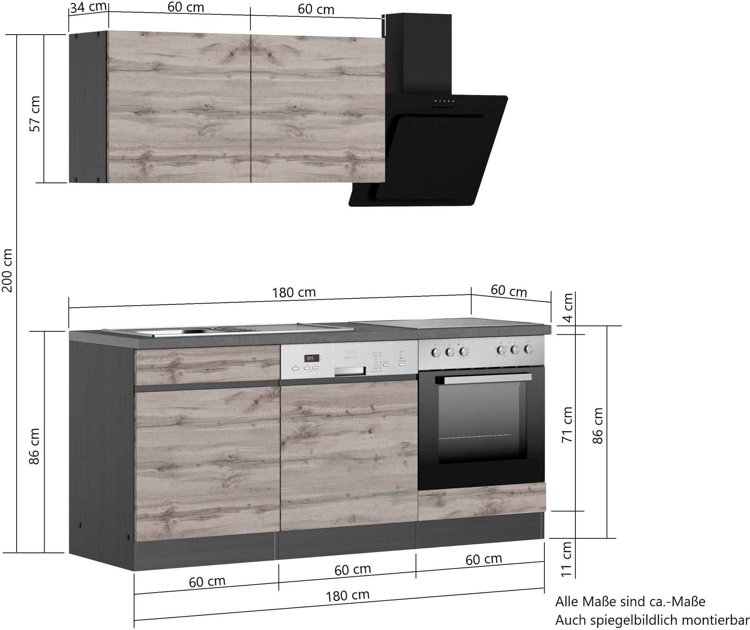 KOCHSTATION Kitchenette »KS-Riesa« largeur d’installation 180 cm, avec ou sans appareils électriques au choix