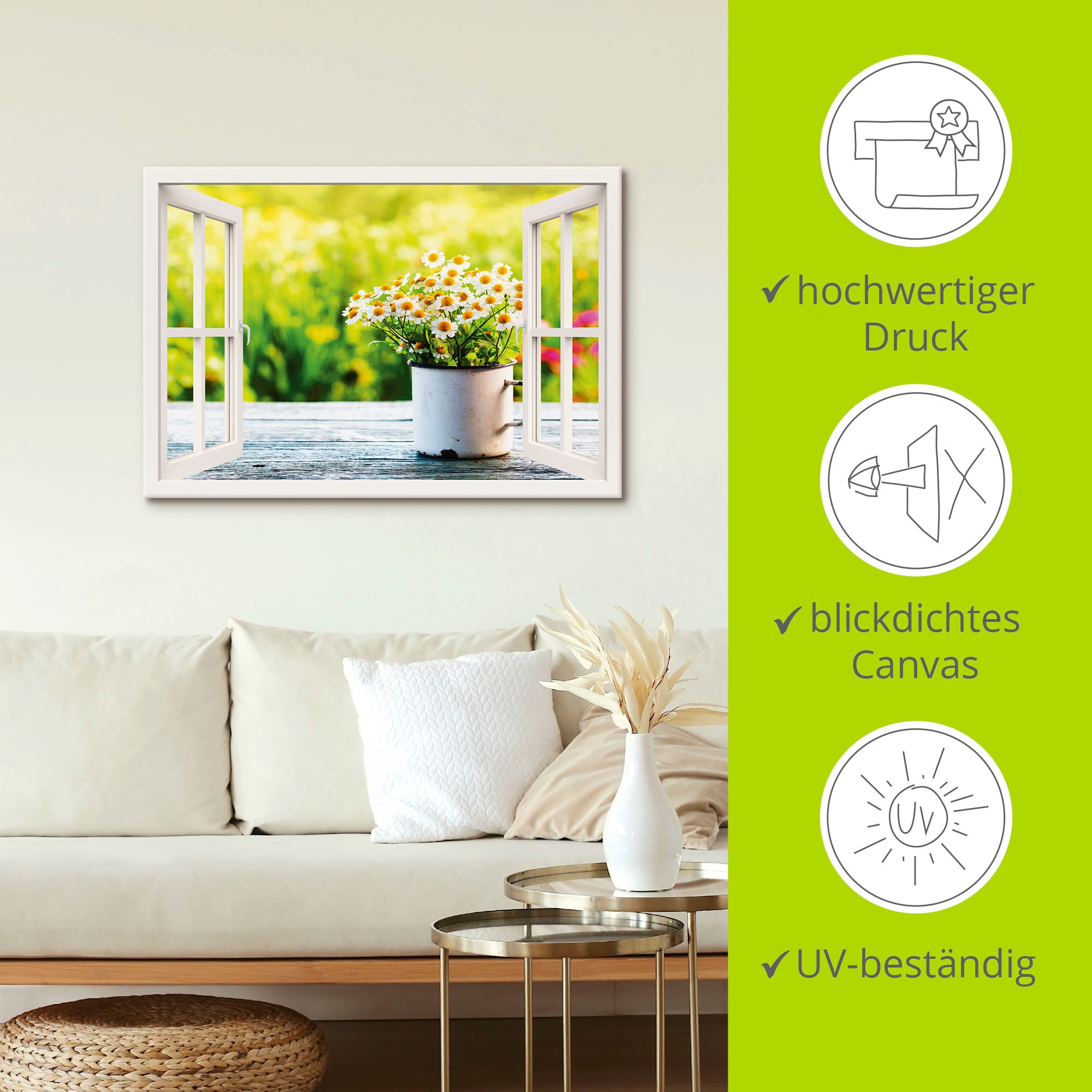 Artland Wandbild »Fensterblick Garten mit Gänseblümchen«, Blumen, (1 St.), als Alubild, Outdoorbild, Leinwandbild, Wandaufkleber, versch. Grössen