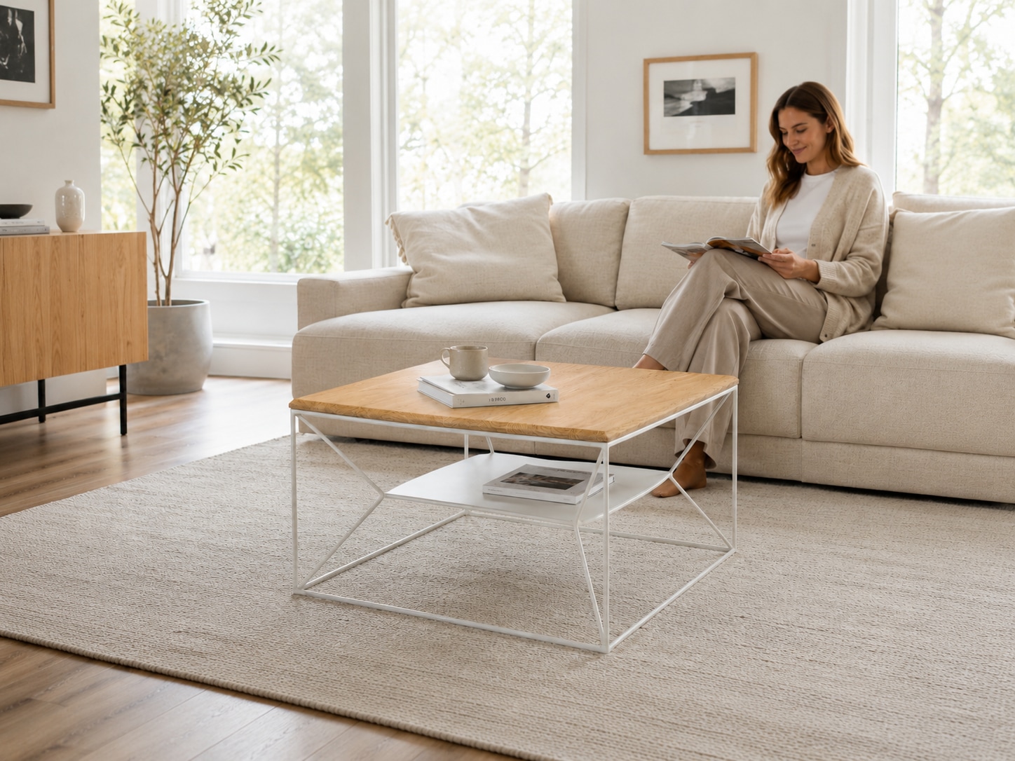 GOODproduct Couchtisch »Inari, Wohnzimmertisch, Sofatisch, Beistelltisch, Kaffeetisch« Wildeiche massiv geölt 18 mm, Metallgestell pearl white mit Ablage