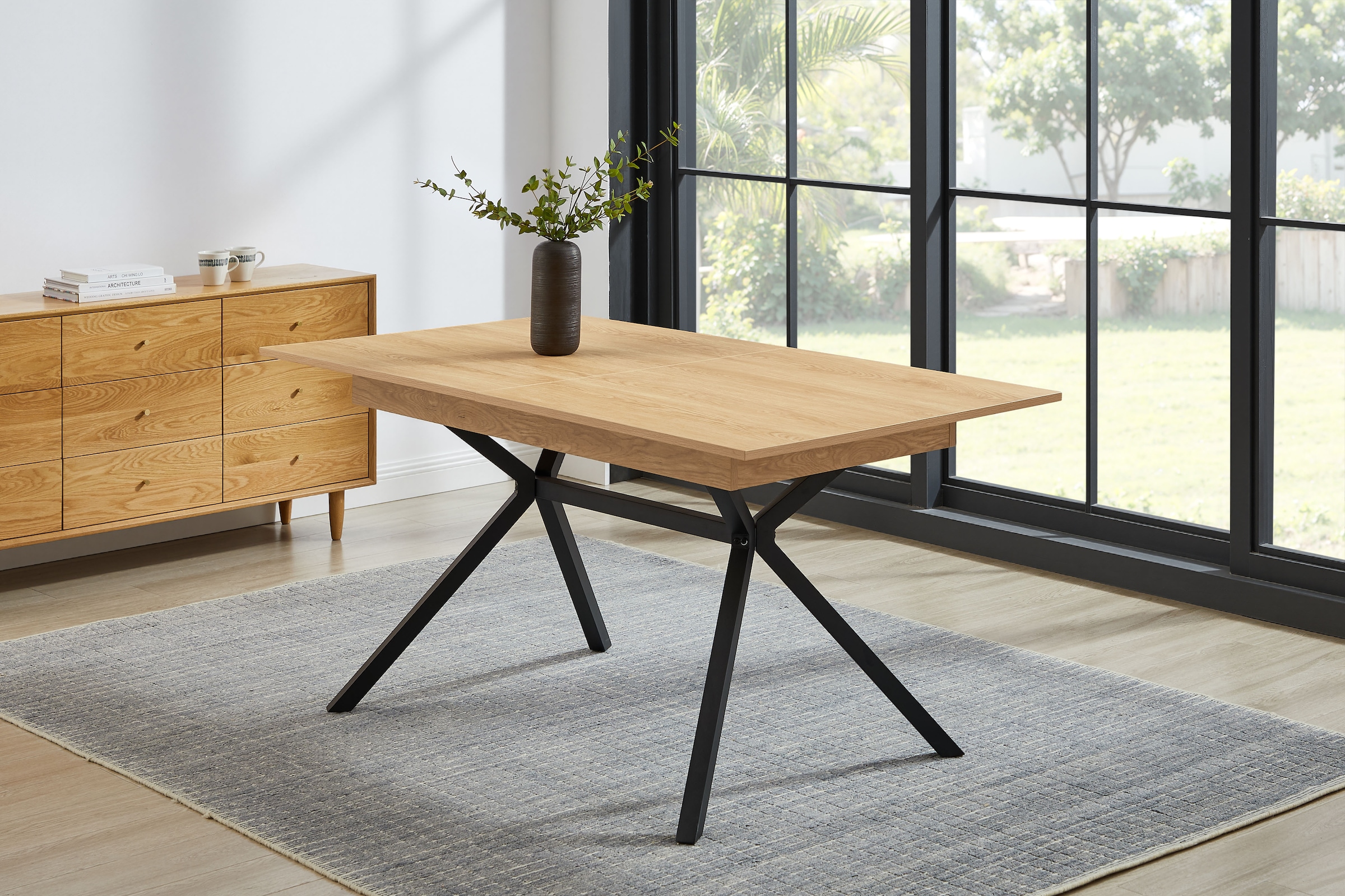 GOODproduct Ensemble de salle à manger »Vendy, Esstisch ausziehbar plus 6 Freischwinger« Set, Esstisch ausziehbar 160 - 210 cm plus 6 Esszimmerstühle, 7 cuis tlg. pflegeleichte Strukturstoff-Stühle, 3D-Steppung, ausziehbarer Tisch