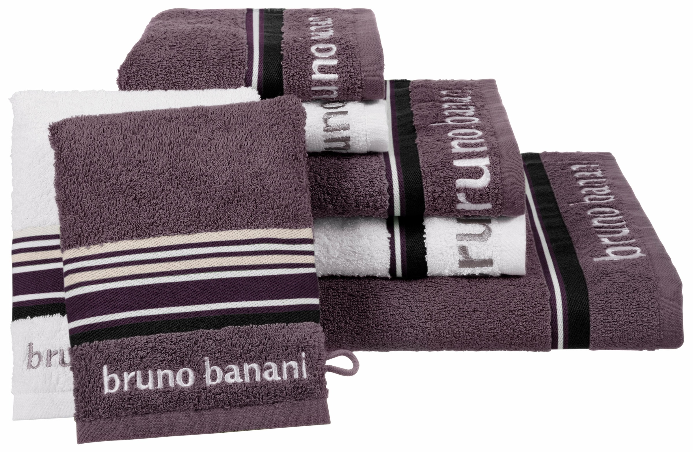 Bruno Banani Handtuch Set »Maja«, (Set, 7 St., 1 Duschtuch 70 x 140 cm-2 Handtücher 50 x 100 cm-2 Gästetücher 30 x 50 cm-2 Waschhandschuhe 16 x 21 cm), mit Bordüre und Markenlogo, 7 teiliges Handtücher Set, 100% Baumwolle