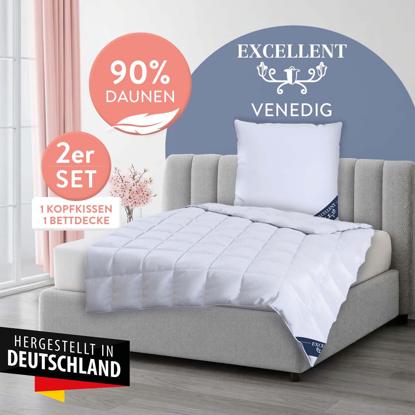 Excellent Daunenbettdecke + 3-Kammer-Kopfkissen »Venedig, 2-tlg, hergestellt in Deutschland, verschiedene Grössen« Decke mit Kissen,Set, Sommer, Winter, Bettdecke 135x200 cm, 155x220 cm