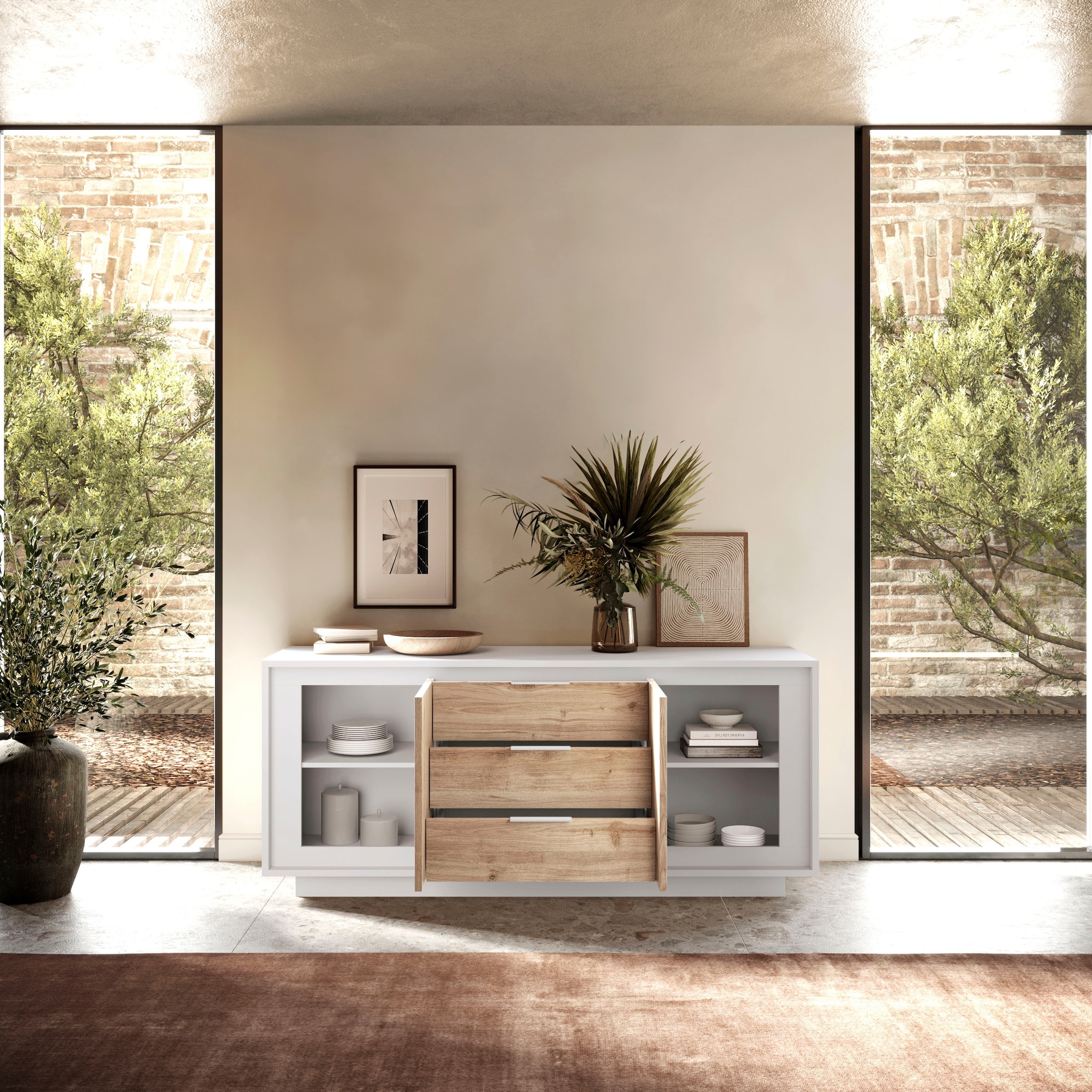 Home affaire Buffet »Sky, B/T 180/50 cm, Kommode/Stauraumschrank, 2 Türen, 3 Schubkästen« Fermeture douce, corps & façade épais de 22 mm, aspect cadre, poignées en métal