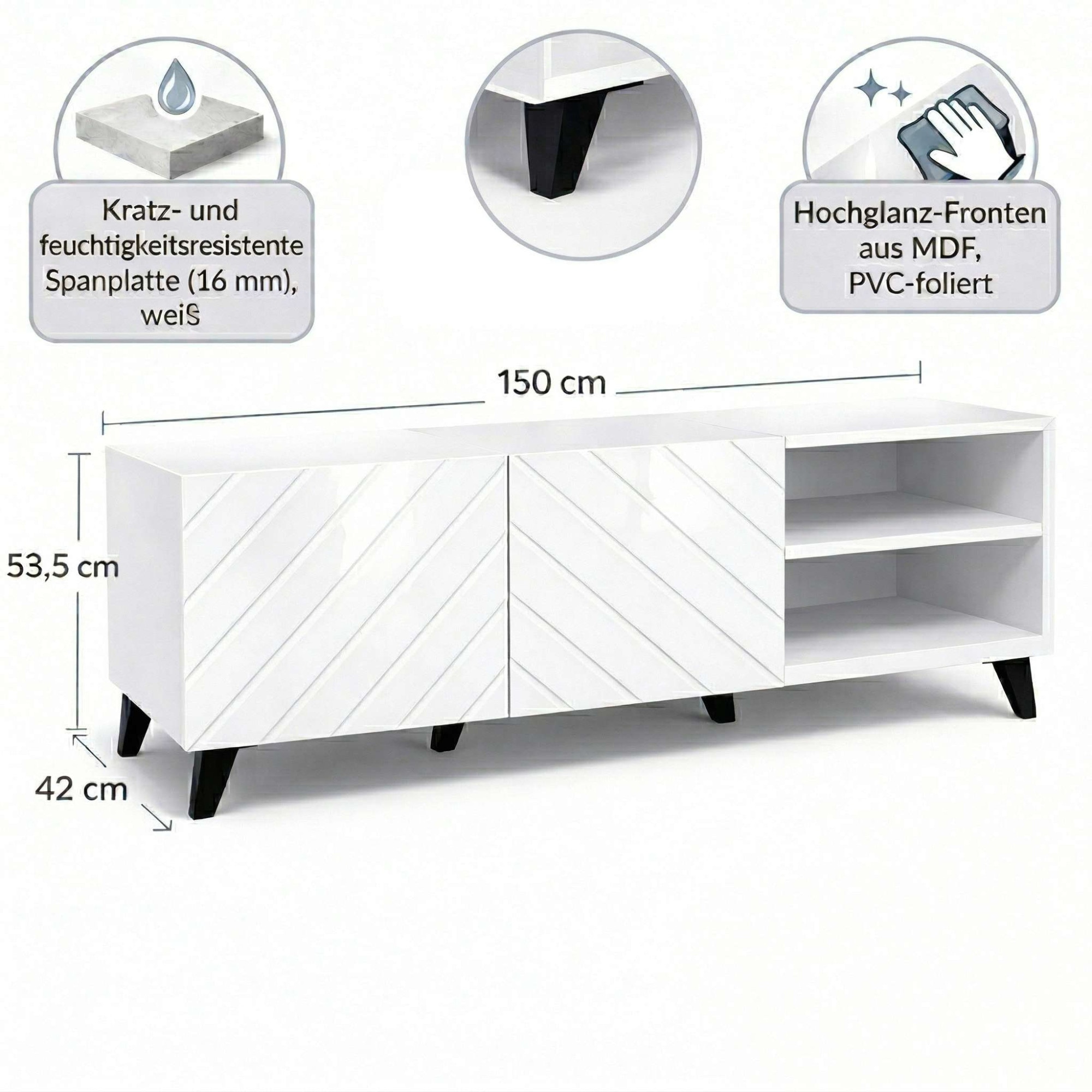 GOODproduct Table basse »HOLLY 1.5, TV-Board, TV-Kommode, TV-Schrank, TV-Unterschrank, TV-Möbel« Meuble TV moderne laqué brillant sans poignées, largeur 150 cm