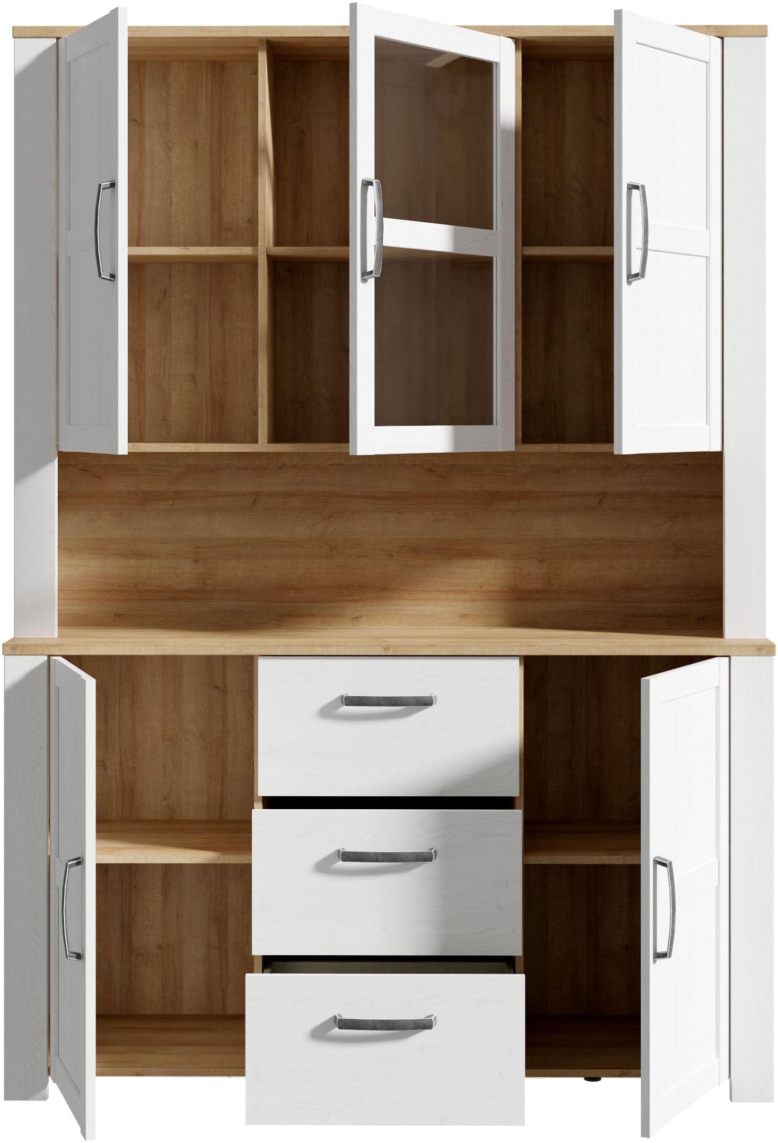 FORTE Buffet »Bohol, grosses Highboard,4Türen, 1 Glastüre, 3 Schubkästen« L/H/P 146,1/205,4/42 cm, beaucoup d'espace de rangement