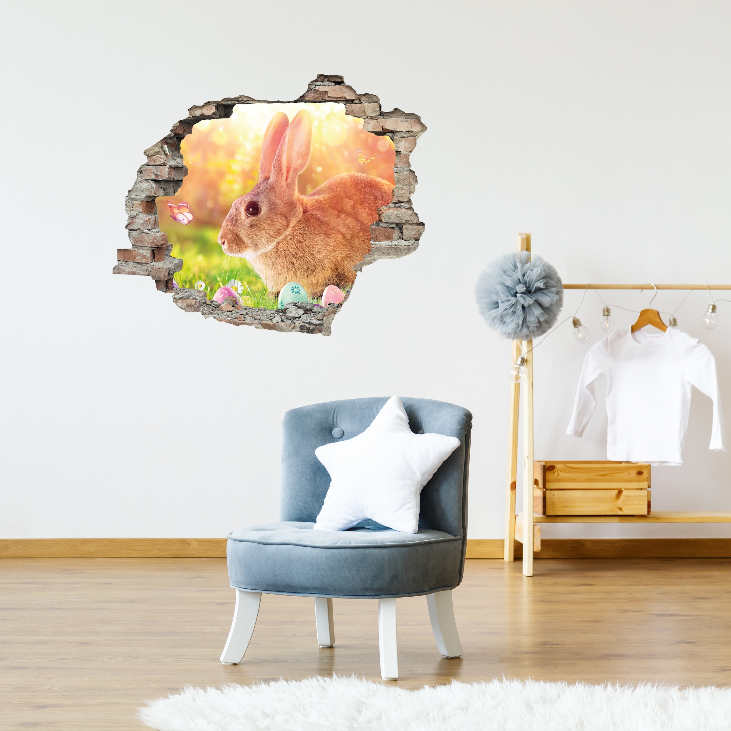 Image of queence 3D-Wandtattoo "Osterhase mit Schmetterling" Selbstklebender Wandsticker Ostern Wanddurchbruch 60x50cm
