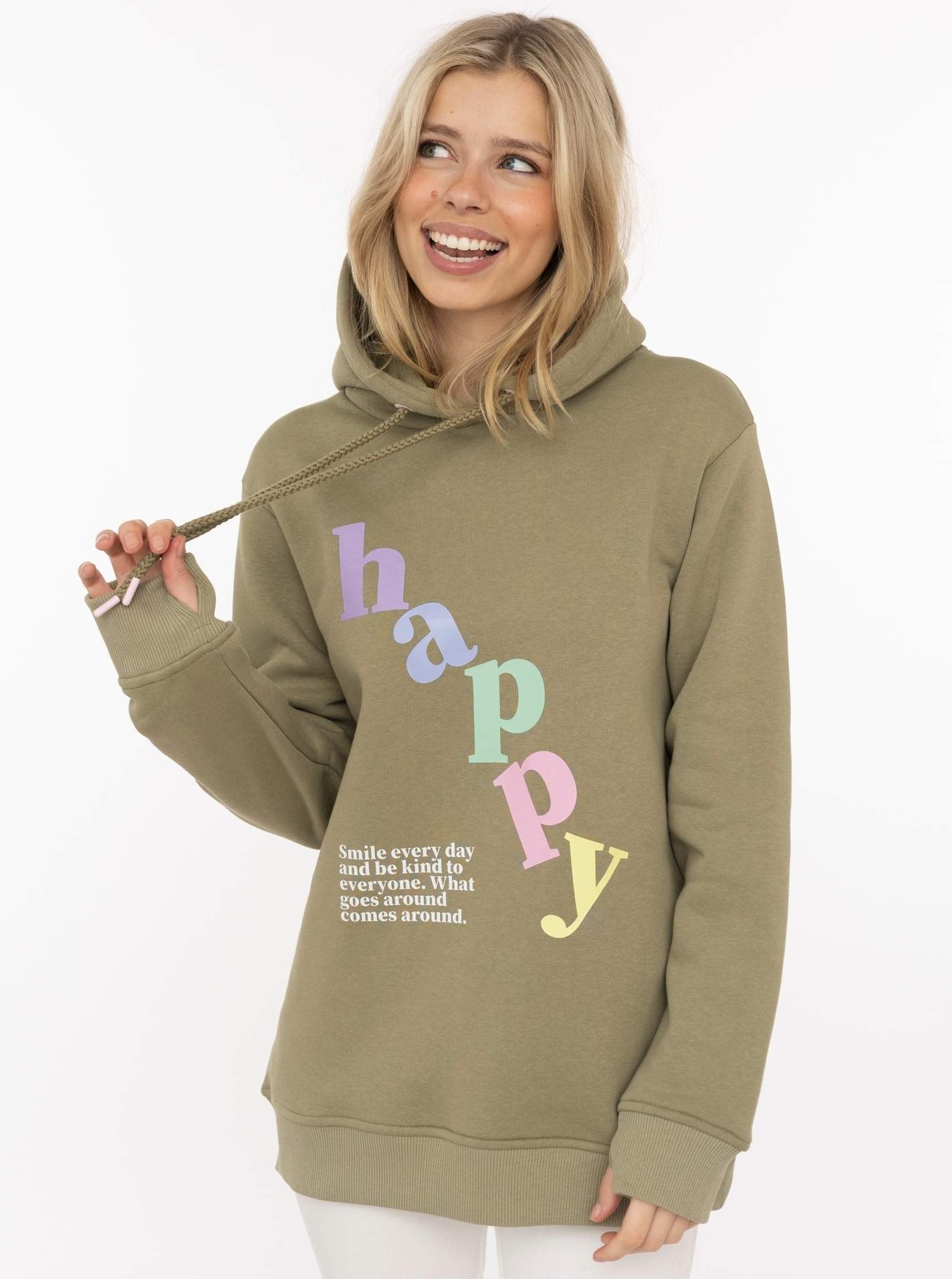 Image of Zwillingsherz Hoodie ""happy"", grosser „Happy“ Print, Kapuze mit Kordel, elastische Bündchen