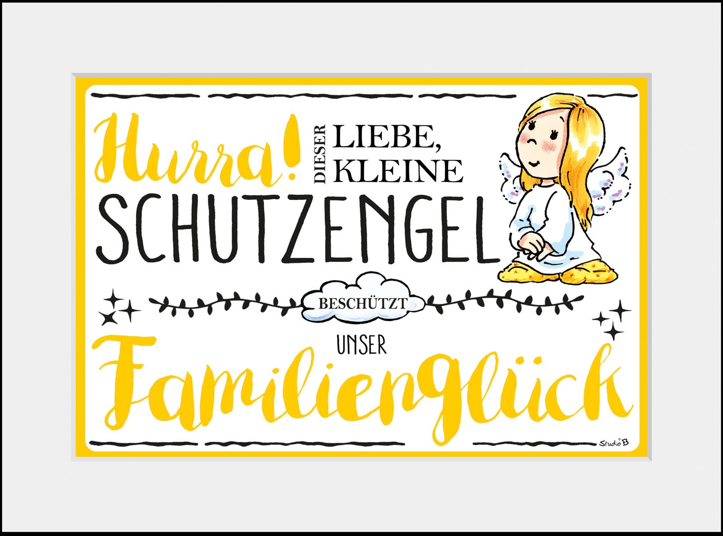 Image of queence Bild "Schutzengel Familienglück" Blumen Engel Himmel Liebessprüche Schriftzug Sprüche & Texte Stern Sterne 1 Stk. tlg. HD Premium Poster-Druck inkl. Holzrahmen