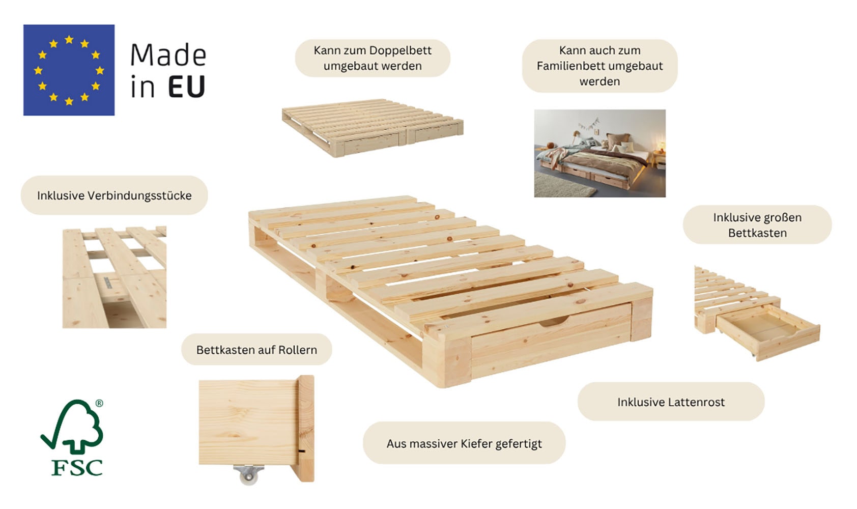 GOODproduct Lit palette »"ALASCO "  BESTSELLER! Mit Schublade« zertifiziertes Massivholz, erweiterbar zum Doppel- oder Familienbett