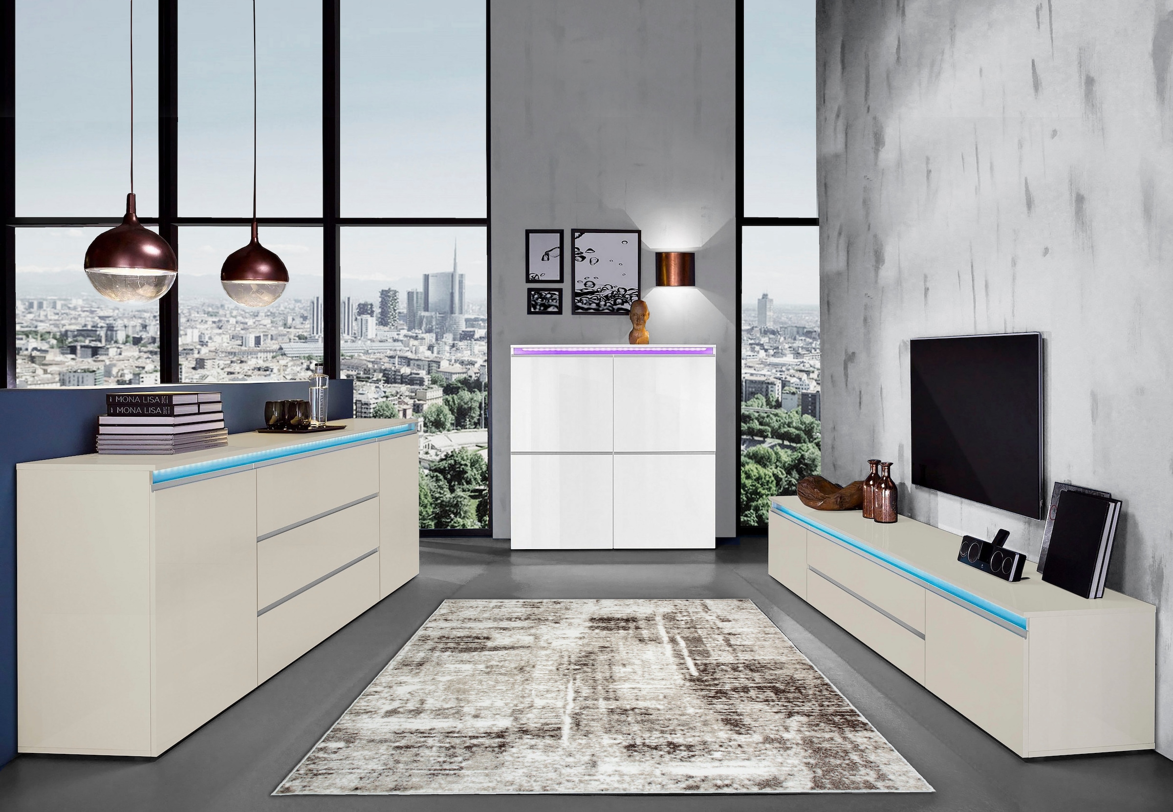 Home affaire Table basse »Magic,Lowboard,TV-Kommode,TV-Möbel,TV-Bank« Alugriff, 2 Türen, 2 Schubkästen, B/T/H 240×40×40 cm, kaschmir matt