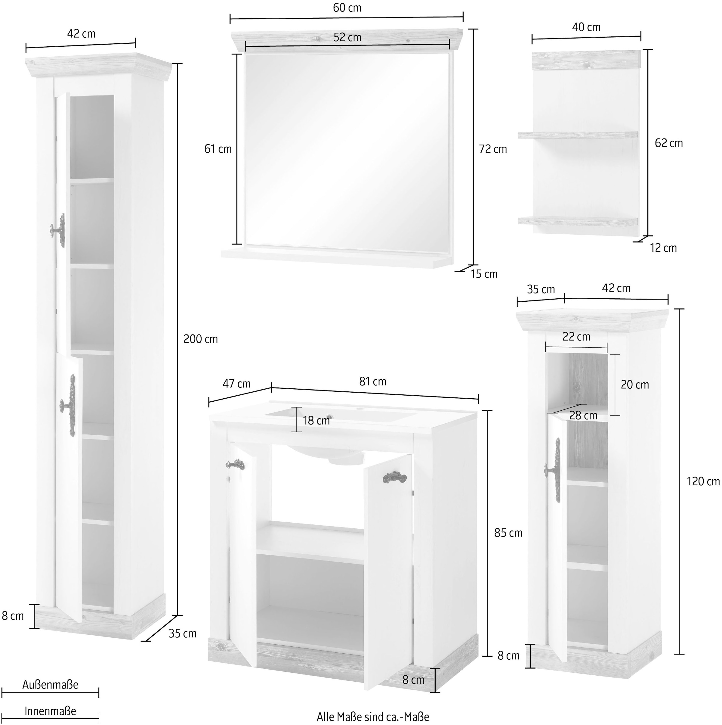 Home affaire Badmöbel-Set »Florenz, Bad im Landhausstil, 5-teiliges Badezimmer«, (5 St.), Waschtisch, Schränke, Wandregal und Spiegel, in Pinie Weiss, Stauraum