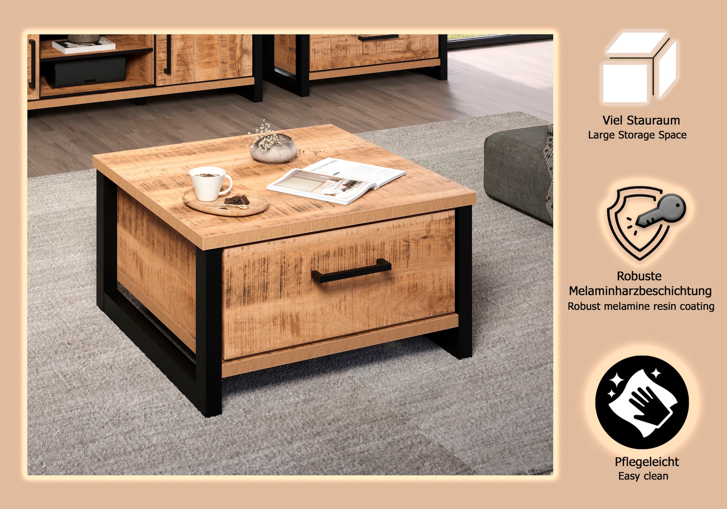 Home affaire Couchtisch »Elda« 1 Stk. tlg. Couchtisch mit 2 Vollauszug Schubladen – (B/T/H) 80/80/45 cm