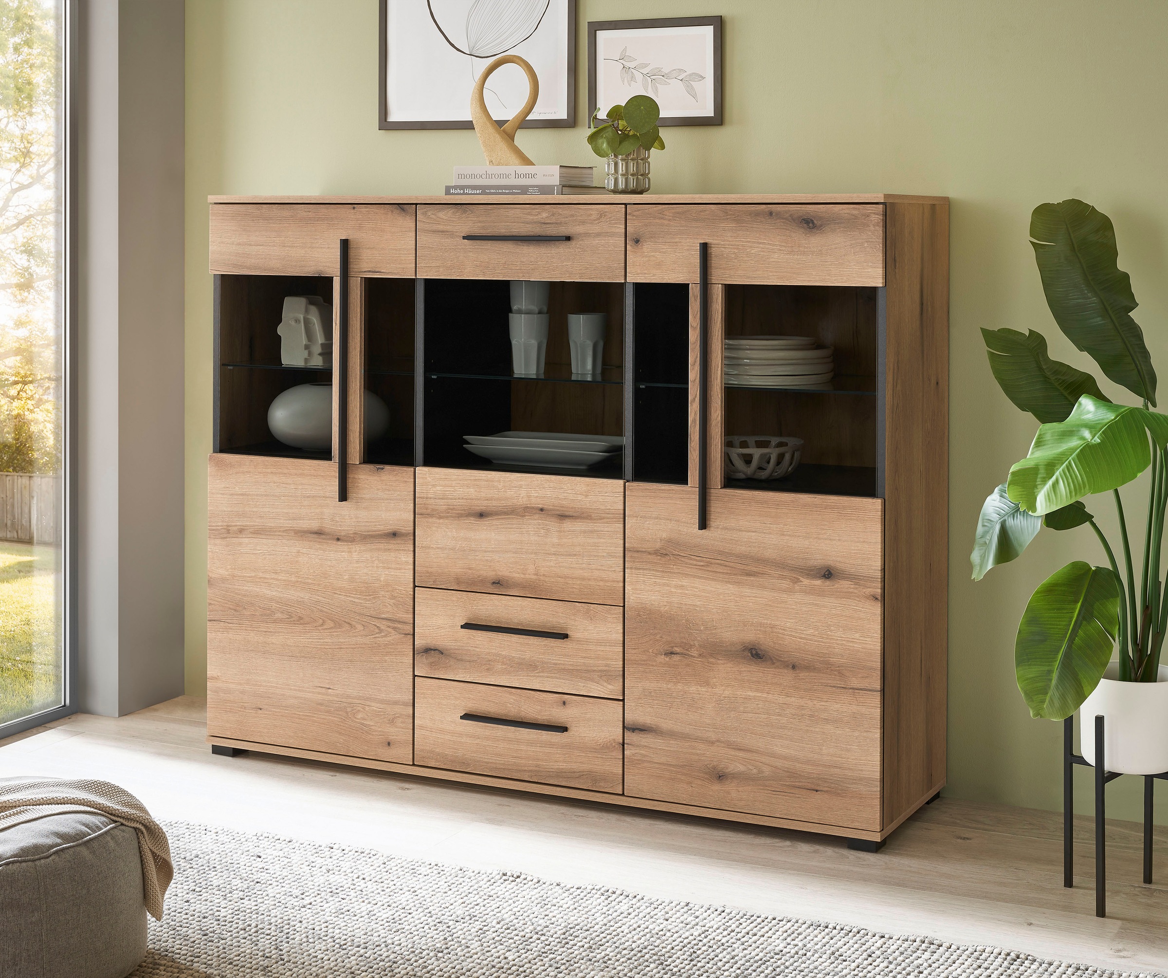 INOSIGN Highboard »Cantara, moderner Schrank, Vitrine in Eiche Dekor oder weiss«, schwarze Stangengriffe, ausreichend Stauraum, vielseitig einsetzbar