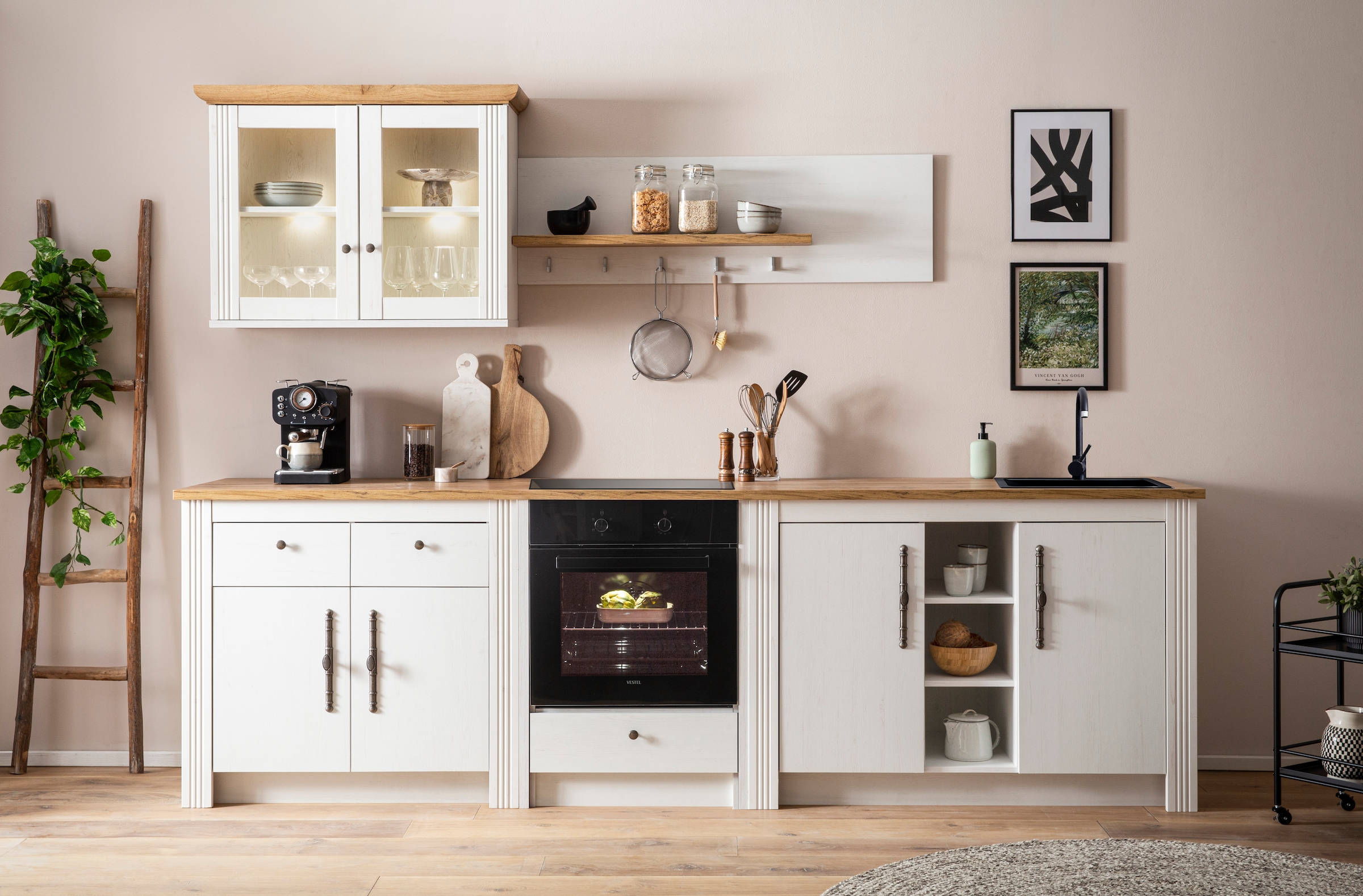 GOODproduct Kitchenette »KS-Westminster, Pantryküche im Landhaus Stil, hochwertige Metallgriffe« Set,  Breite 294 cm, Kommoden, Wandpaneel, Hängeschrank, Herdumbau
