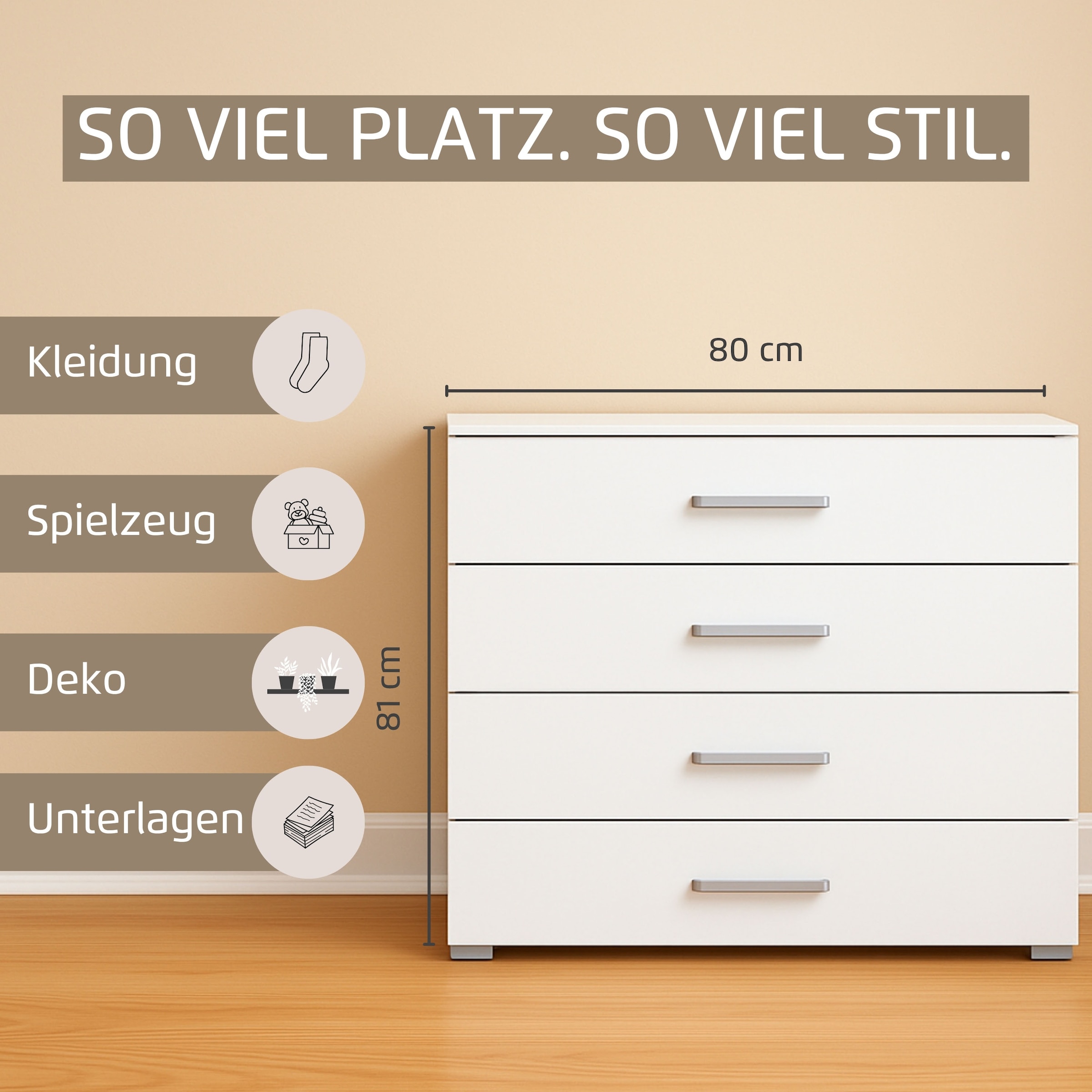 GOODproduct Schubkastenkommode »Kommode Sideboard Schubladenkommode Schlafzimmerkommode KOLUNA« Breite 80 cm mit hochwertiger Glasfront,  vier grosse und geräumige Schubladen mit viel Stauraum MADE IN GERMANY