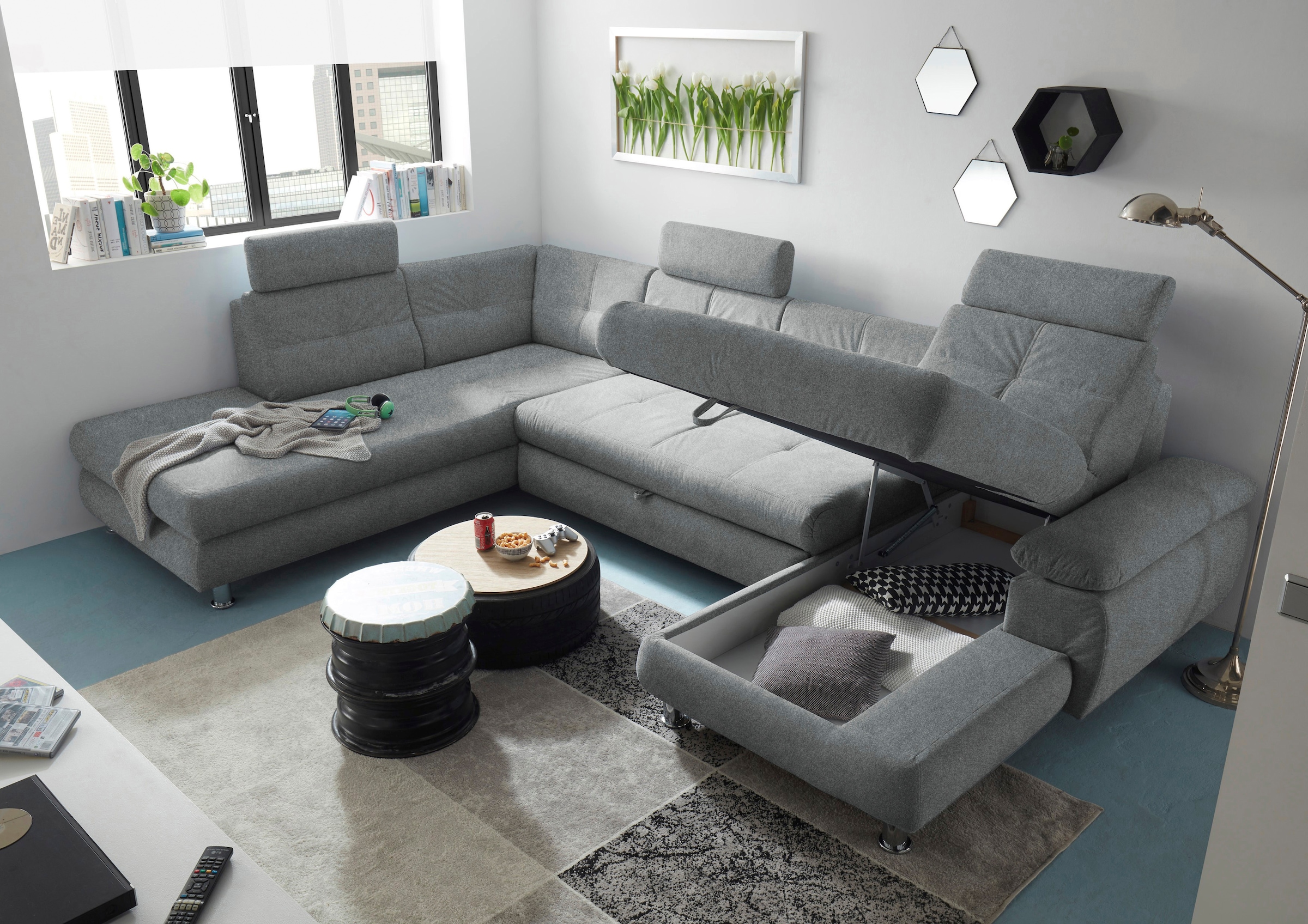 ED EXCITING DESIGN Wohnlandschaft »Alba U-Form«, mit Bettfunktion, Bettkasten, Armteilverstellung & Kopfstützen
