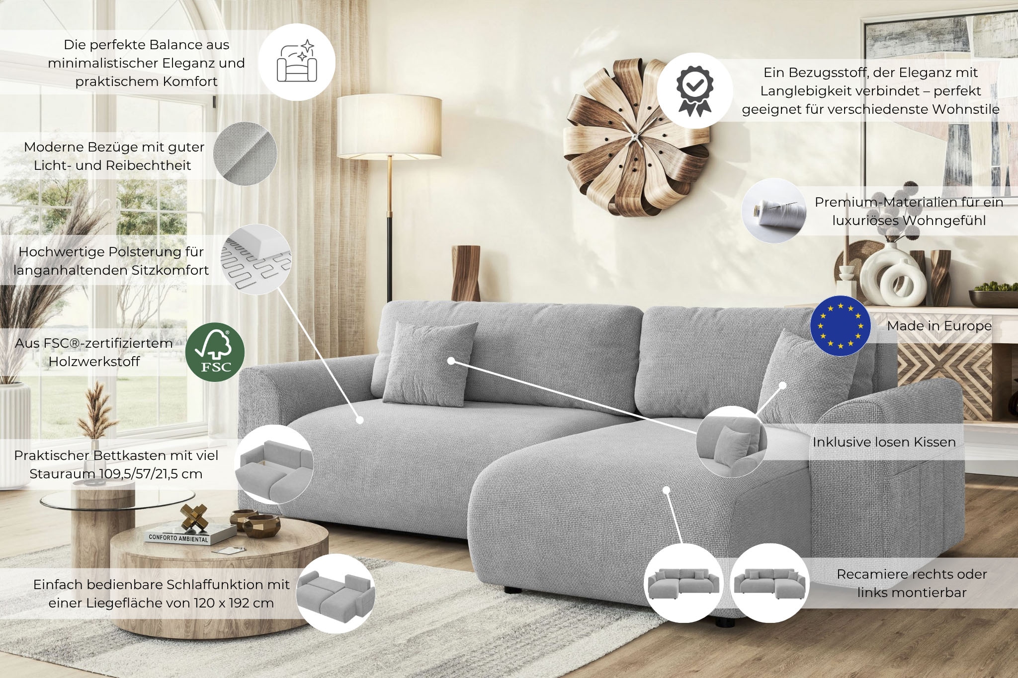 Home affaire Ecksofa »VasbySuyal Schlafsofa 235cm L-Form mit Recamiere beidseitig montierbar« Designsofa mit Bettfunktion und Bettkasten, Masse B/T/H: 235/138/80 cm