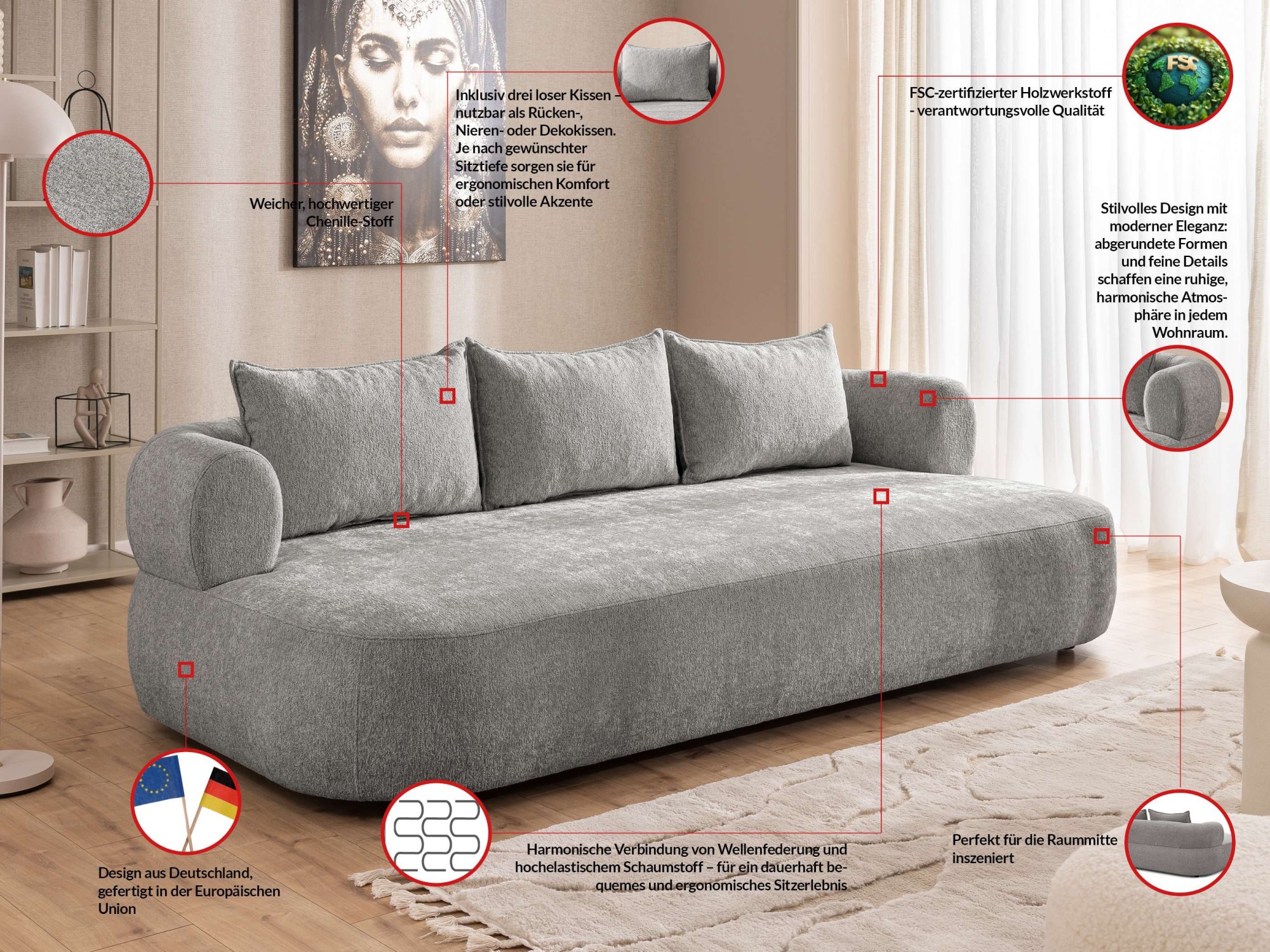 Home affaire Big-Sofa »LUSSAC 4-Sitzer Design-Sofa mit Zierkissen, Masse B/T/H: 242/123/78 cm« hoher Sitzkomfort und modernes Design, Sofa ohne Bettfunktion