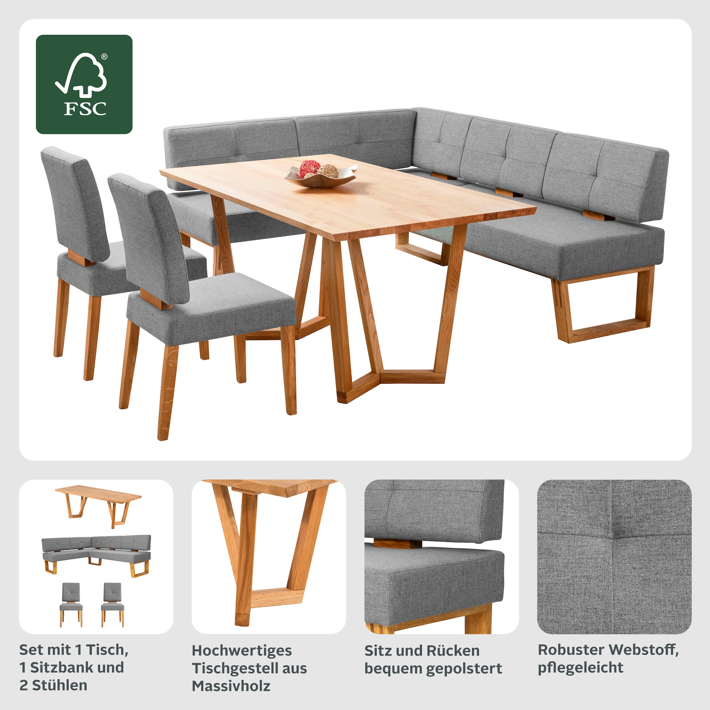 Home affaire Eckbankgruppe »Ponza Eckbank Küchenbank BESTSELLER«, (Set, 4 tlg.), Sitzgruppe Esszimmer Stühle Tisch und Bank bequem gepolstert