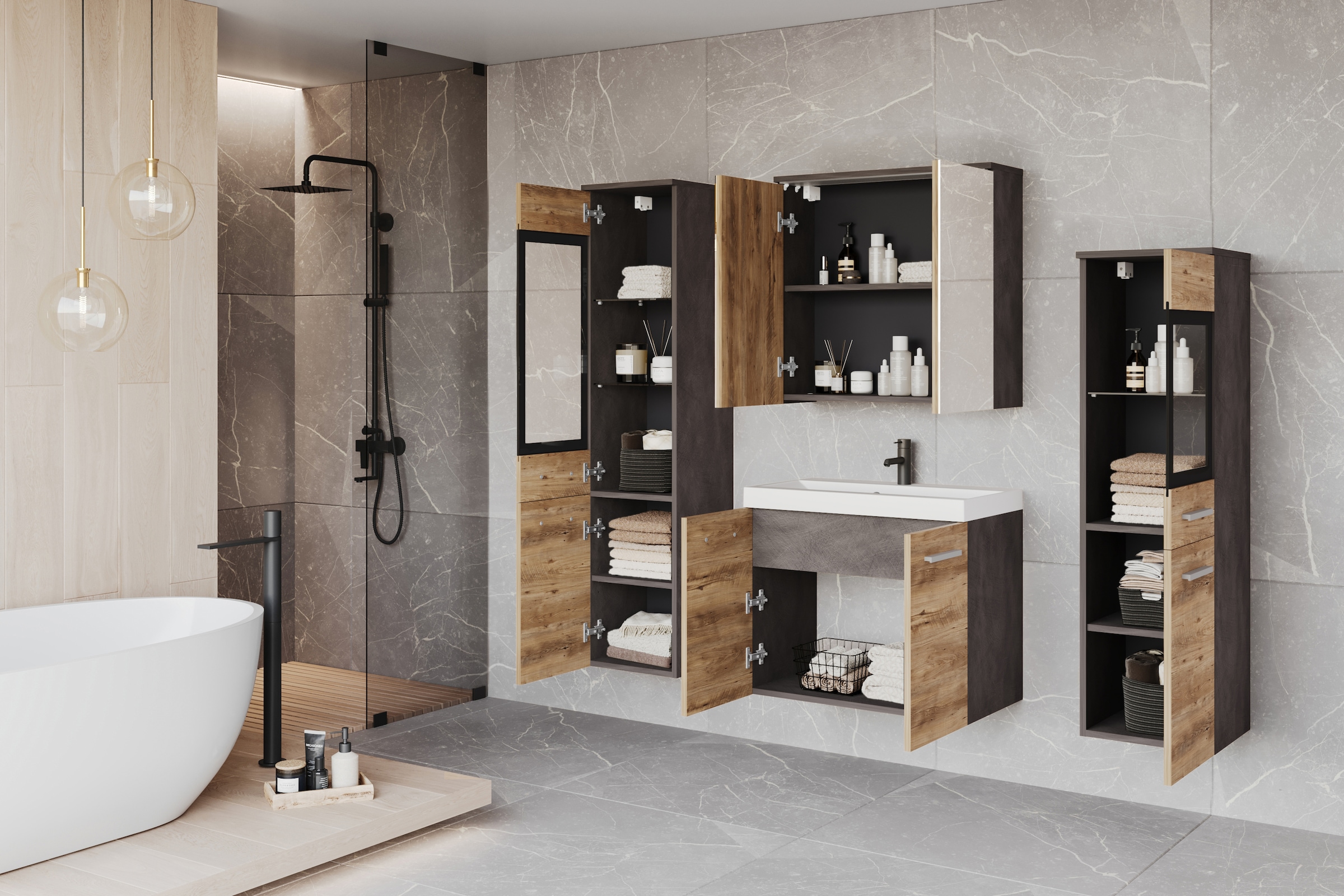 welltime Badmöbel-Set »MADRIT II, Schrank mit Waschbecken, 2 Hänger, Spiegelschrank« Komplett-Set, 5 Stk. tlg.