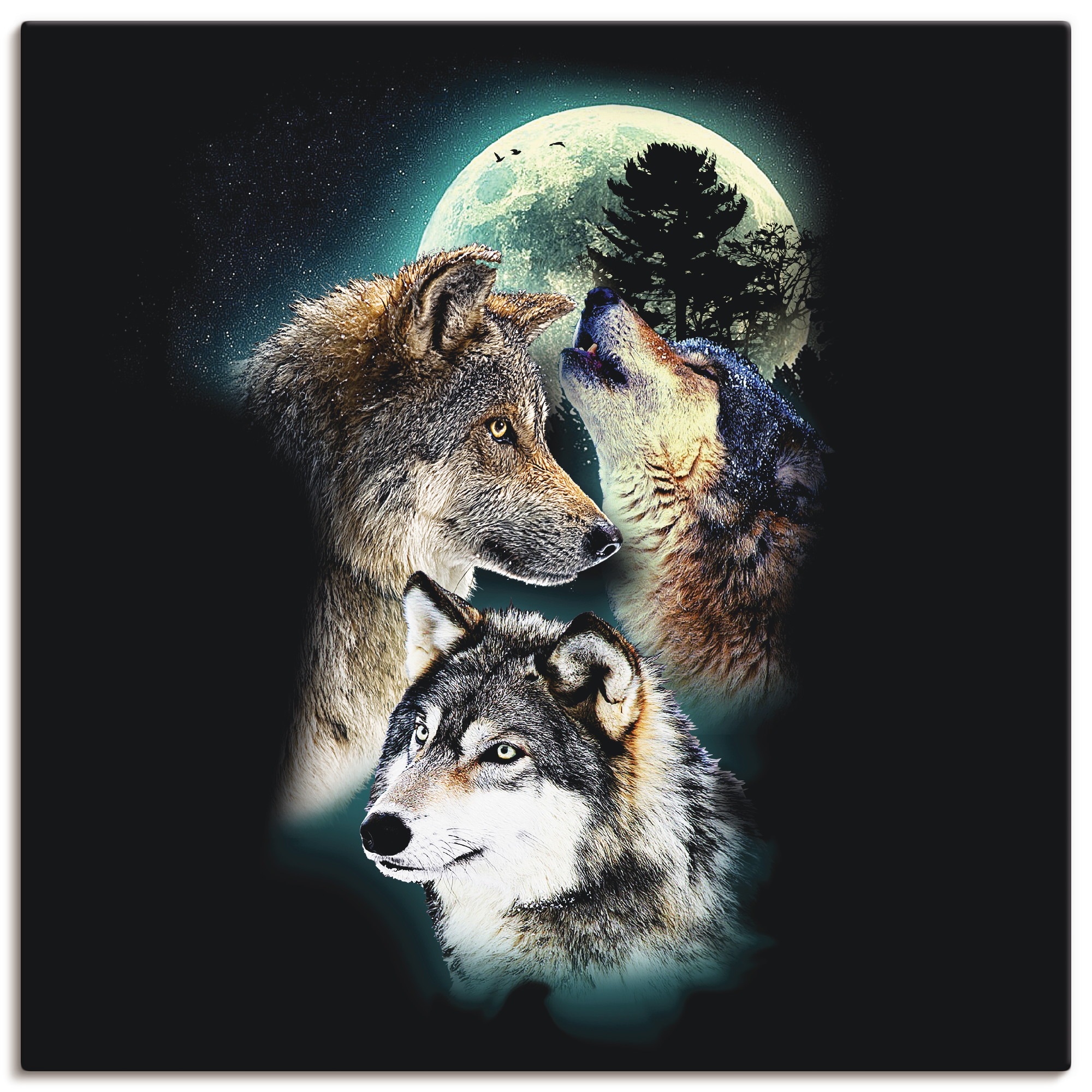 Image of Artland Wandbild »Phantasie Wolf Wölfe mit Mond«, Wildtiere, (1 St.), in vielen Grössen & Produktarten - Alubild / Outdoorbild für den Aussenbereich, Leinwandbild, Poster, Wandaufkleber / Wandtattoo auch für Badezimmer geeignet bei Ackermann Versand Schwe
