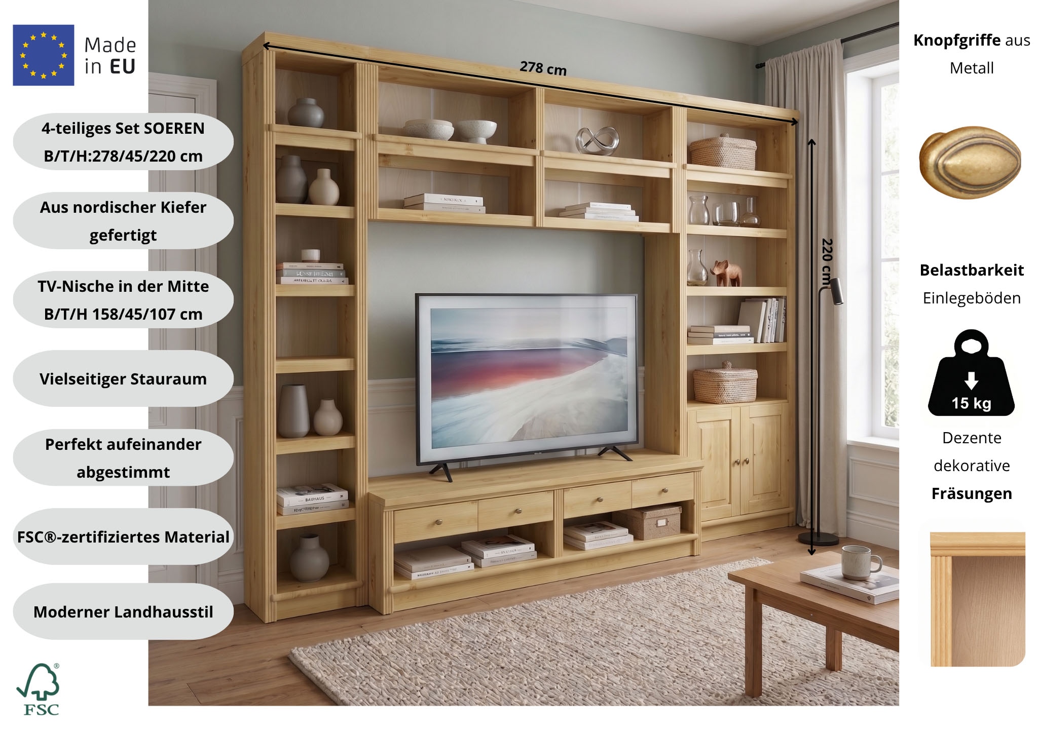 GOODproduct Wohnwand »Soeren, 1 Standregal, 1 Wandregal, 1 TV-Lowboard, 1 Bücherregal« Set, 4 Stk. tlg.