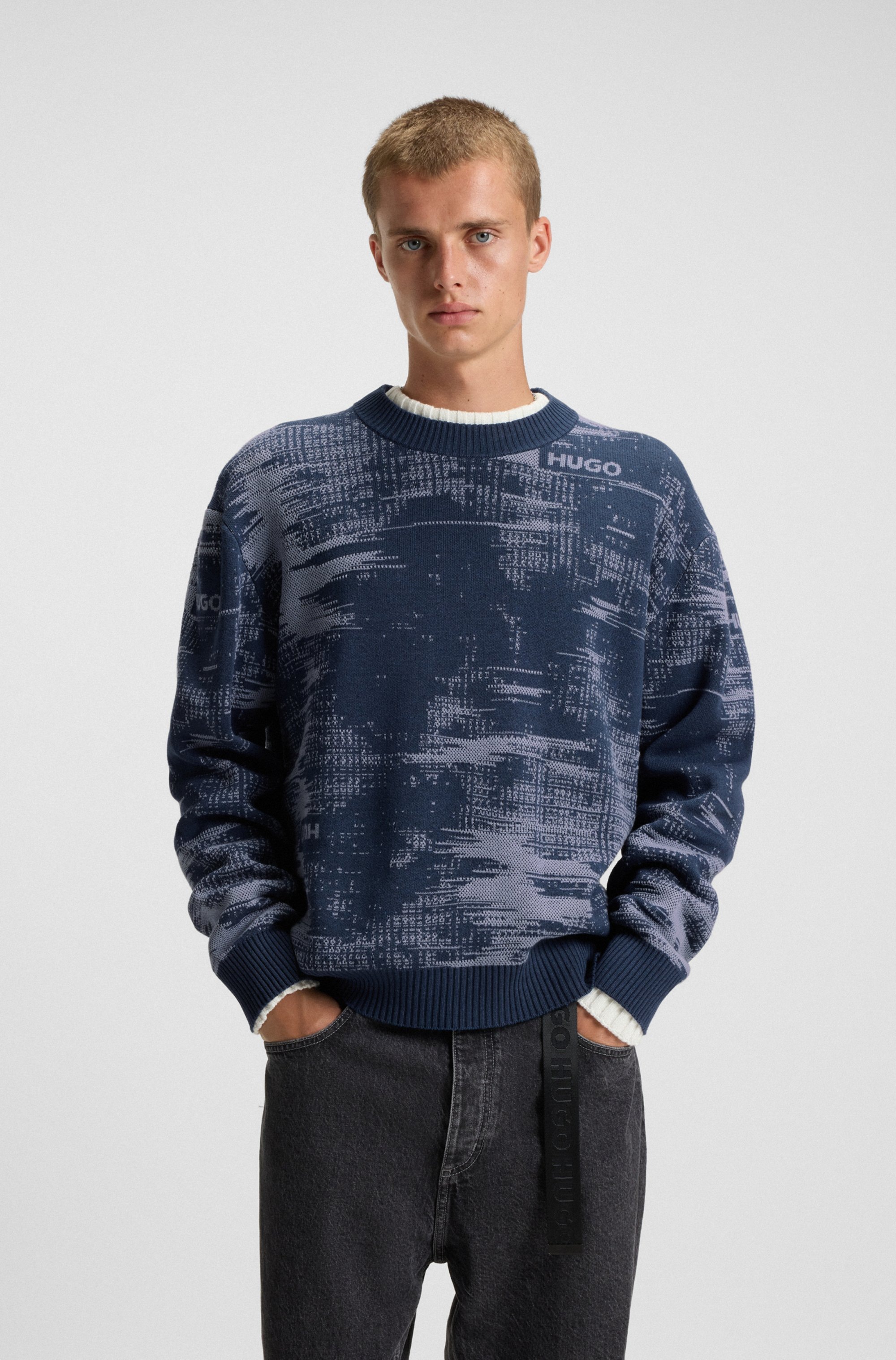 Image of HUGO Jacquardpullover "Sorbas" Rundhalsausschnitt, relaxed fit, Baumwollmix