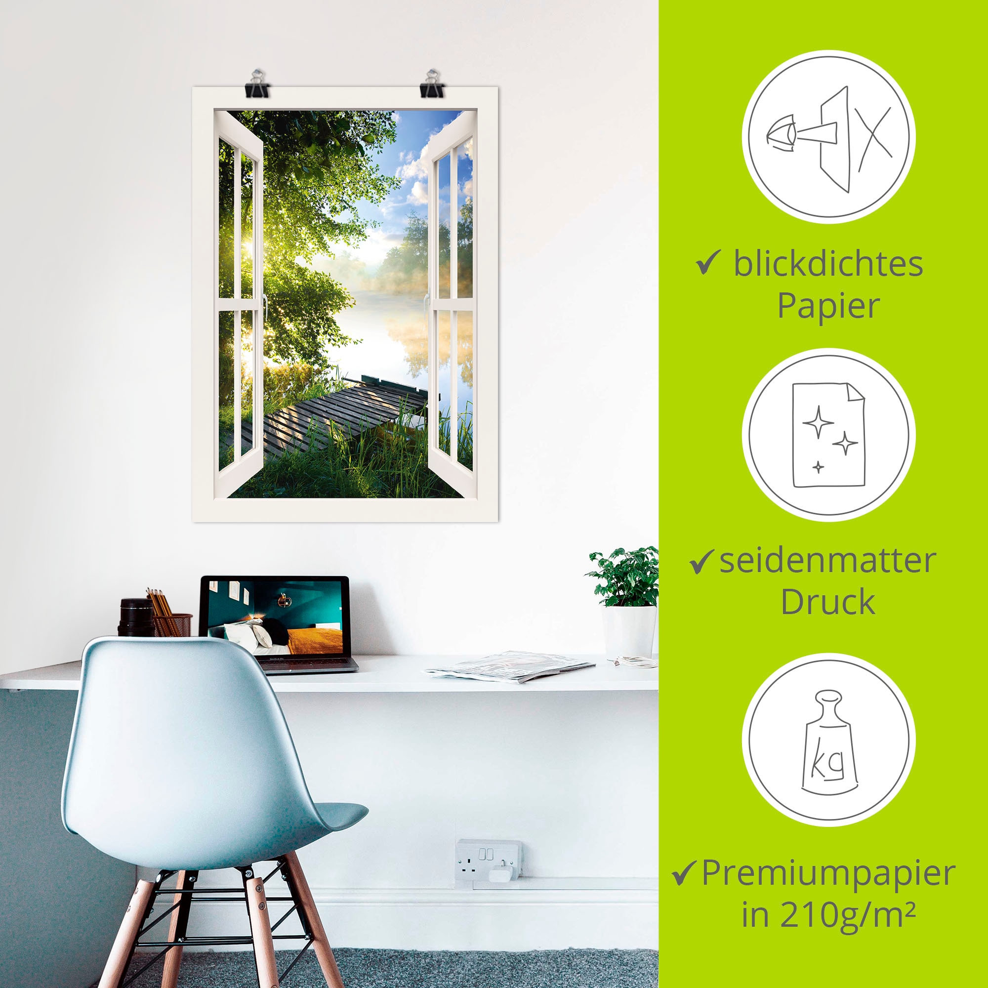 Artland Wandbild »Fensterblick Angelsteg am Fluss« Fensterblick 1 Stk. tlg. als Alubild, Outdoorbild, Leinwandbild, Poster, Wandaufkleber