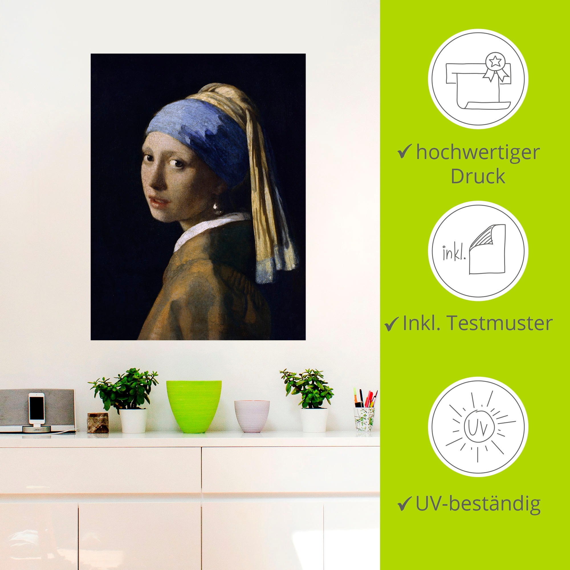 Artland Wandbild »Das Mädchen mit dem Perlenohrgehänge«, Frau, (1 St.), als Leinwandbild, Poster, Wandaufkleber in verschied. Grössen