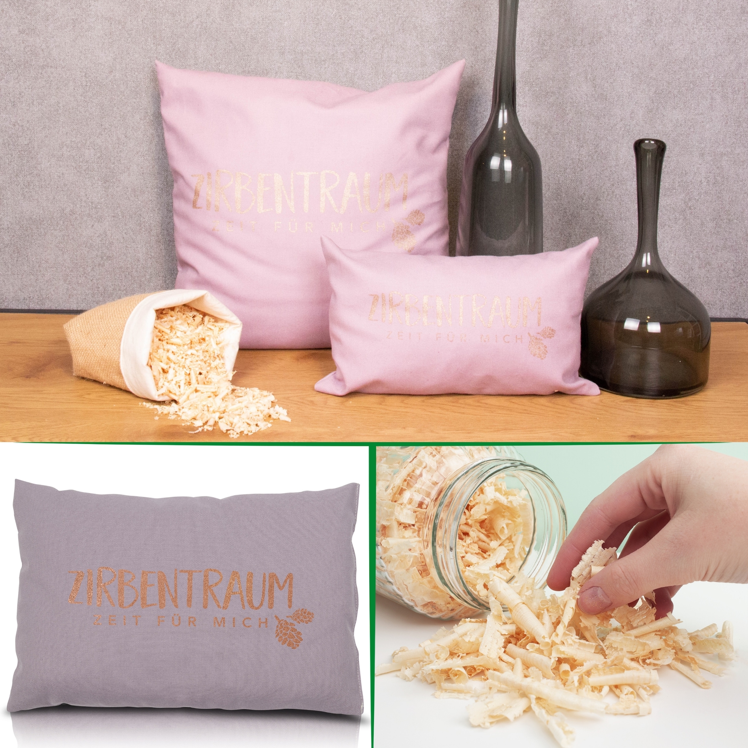 herbalind Zirbenkissen »Zirbentraum in Anthrazit/Roségoldfarben 30x20 mit Reissverschluss - Gefüllt«, (1 tlg.), mit hochwertigen Zirbenholzflocken 100% Baumwolle - Made in Germany