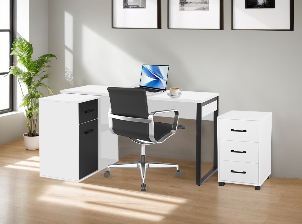 GOODproduct Eckschreibtisch »Moid, Computertisch, Kabeldurchlass, mit Regalfächern,« Schublade und Tür, flexibles Regalelement, 140x82-115 cm