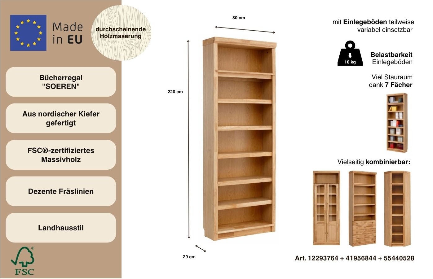 Home affaire Bücherregal »Soeren Eiche Regal B/T/H: 80/29/220/29 cm« teilmassive Eiche, FSC®-zertifiziert