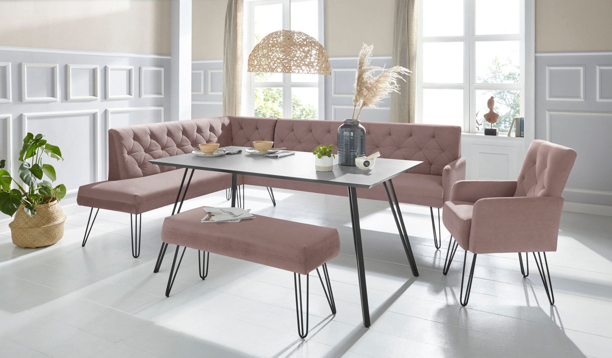 exxpo - sofa fashion Eckbank »Doppio, Chesterfield Optik, komfortabel und bequem, hohe Designfüsse«, Frei im Raum stellbar