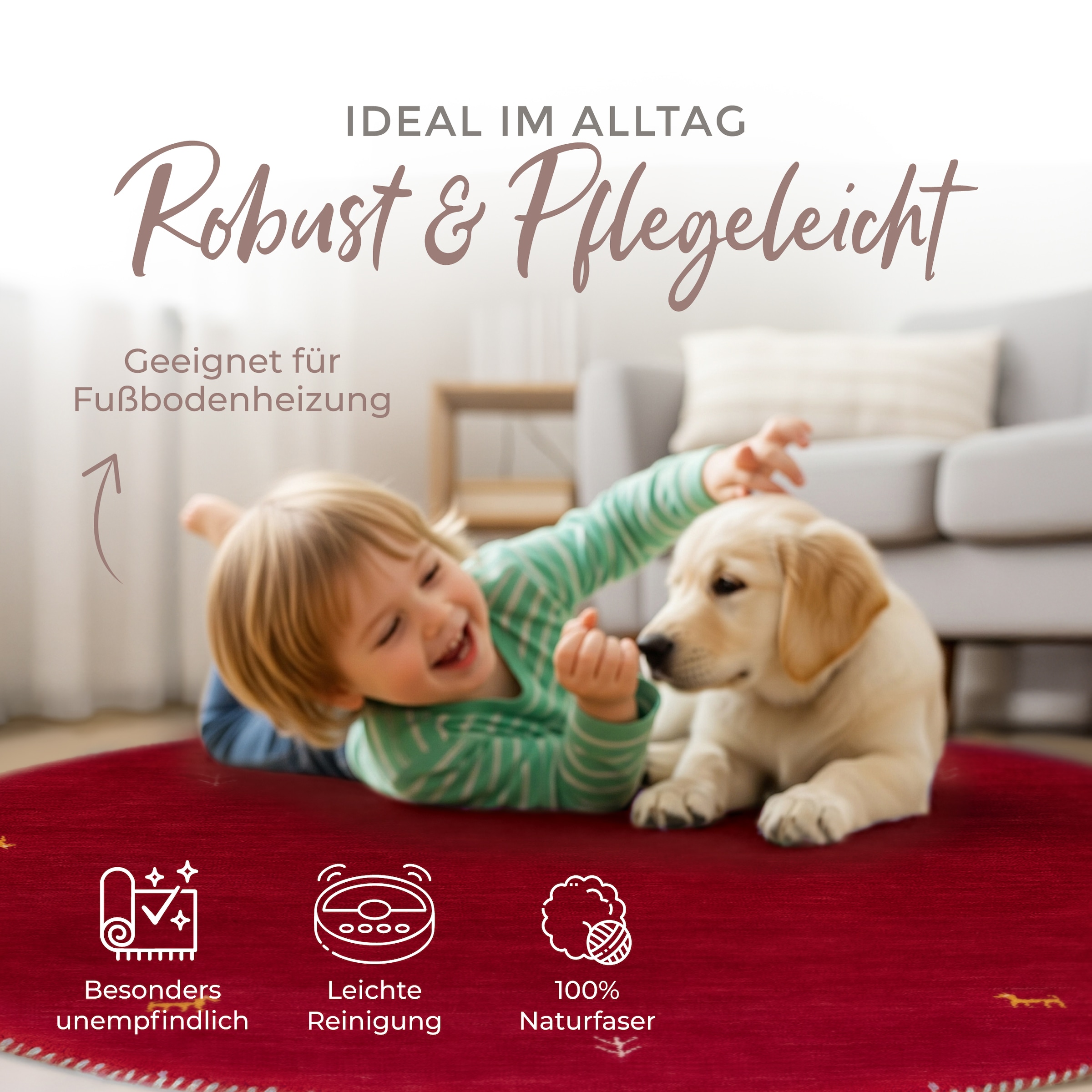 carpetfine Wollteppich »Gabbeh Uni« rund 15 mm Höhe reine Wolle handgewebt, Gabbeh Tiermotiv warmes Raumklima viele Grössen