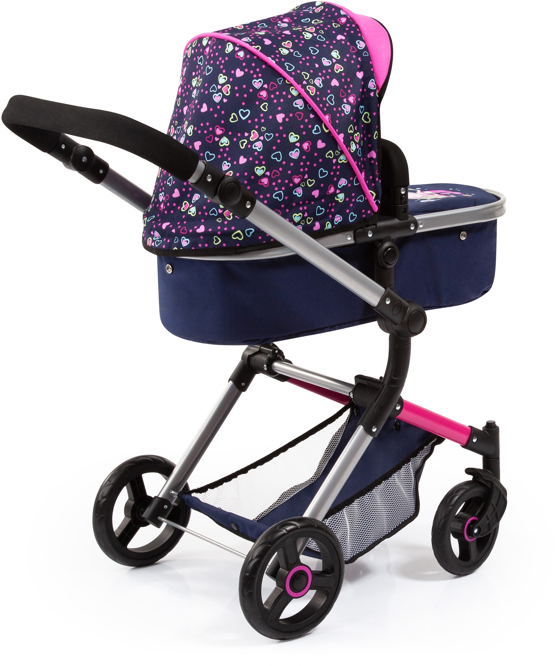 Bayer Kombi-Puppenwagen »Vario, Blau/Pink/Herzchen«, inkl. Wickeltasche