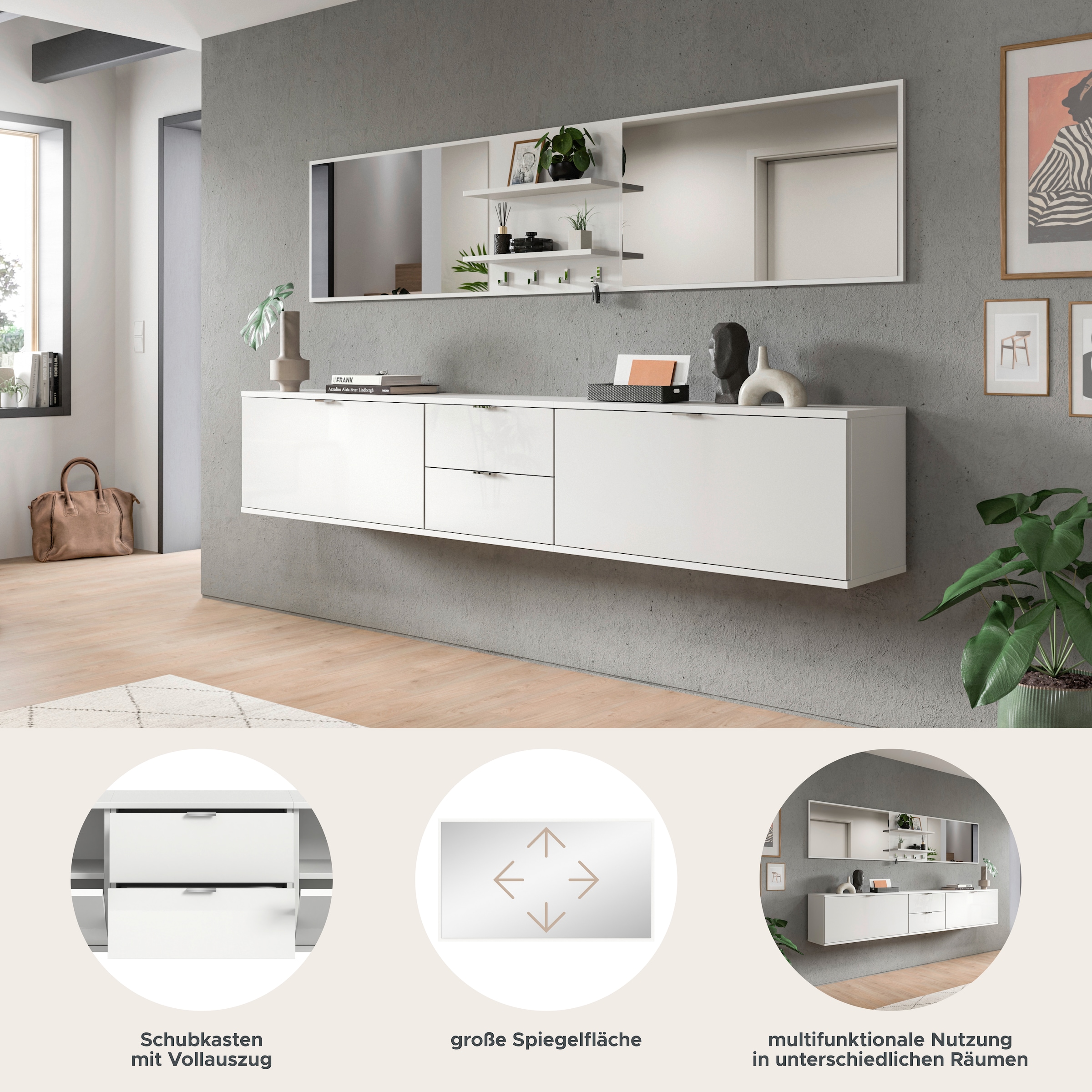 INOSIGN Garderoben-Set »Trondheim, Garderobenset 6-tlg. Breite 236 cm,«, (6 St.), hochglanz, best. aus: 2x Spiegel, Paneele, 3x Kommoden, Flur