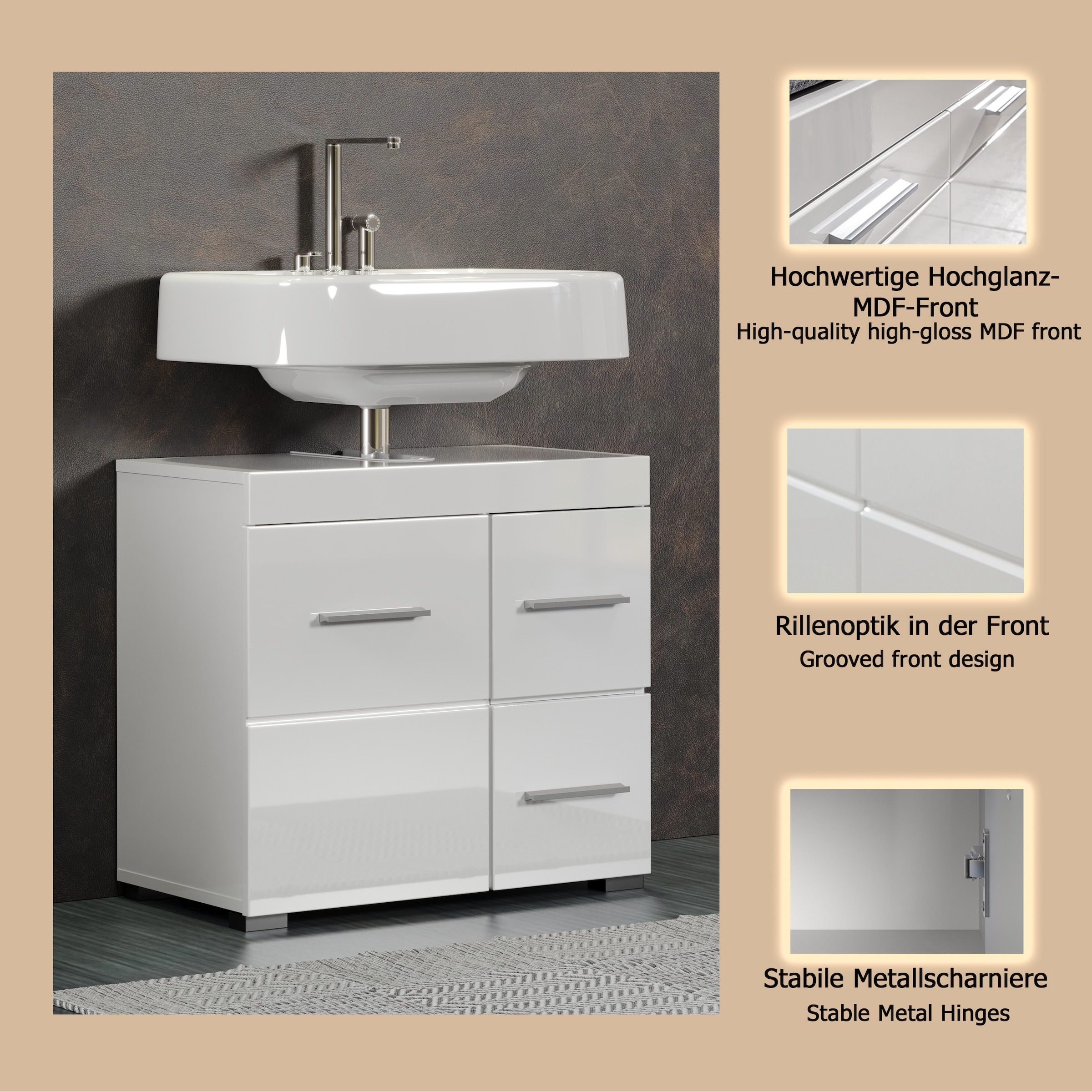 welltime Waschbeckenunterschrank »Avena« 1 Stk. tlg. Badezimmerschrank mit Tür & Schubkästen – (B/T/H) 60/34/56 cm