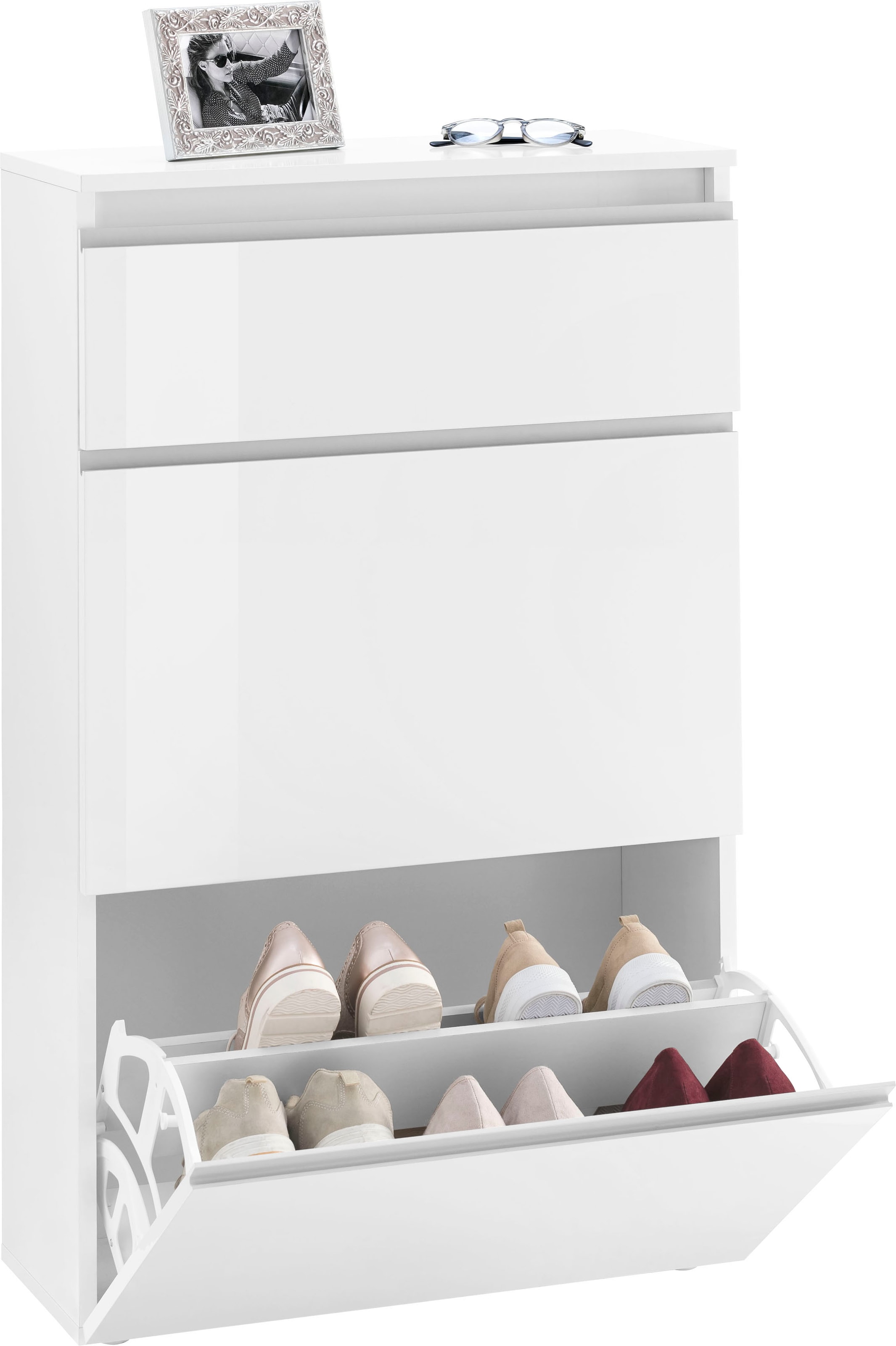 Image of Home affaire Schuhschrank "Magic Schuhschrank, Schuhkommode, Schuhregal, Schuhkipper, softgriff" 3 Klappen, Doppelschuhtrommeln komplett Hochglanz lackiert Breite 60cm