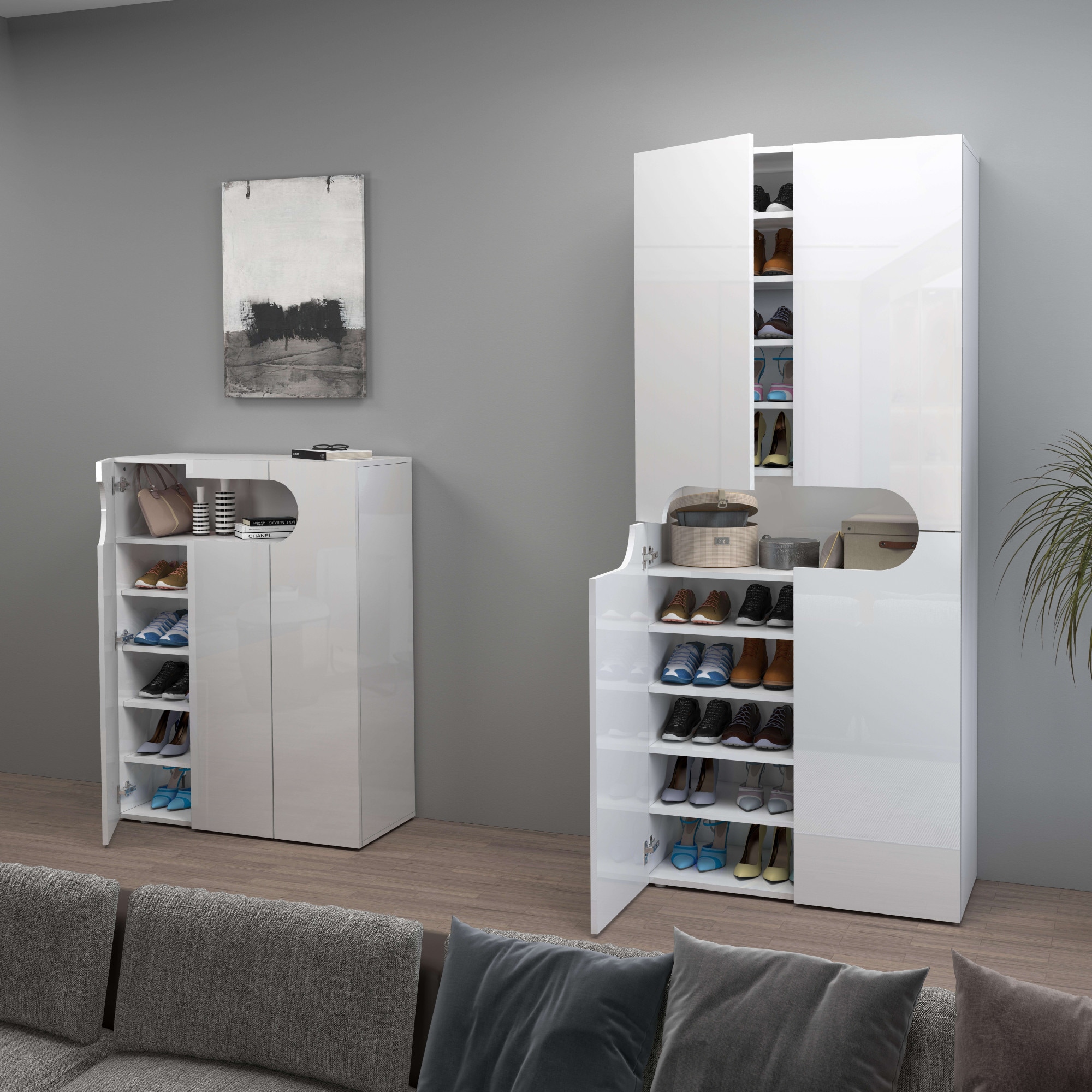 INOSIGN Schuhschrank »Real,Schuhschrank,Schuhkommode,Schuhregal,Breite 90 cm«, komplett Hochglanz lackiert, 3 Türen mit offenem Fach in ovaler Form