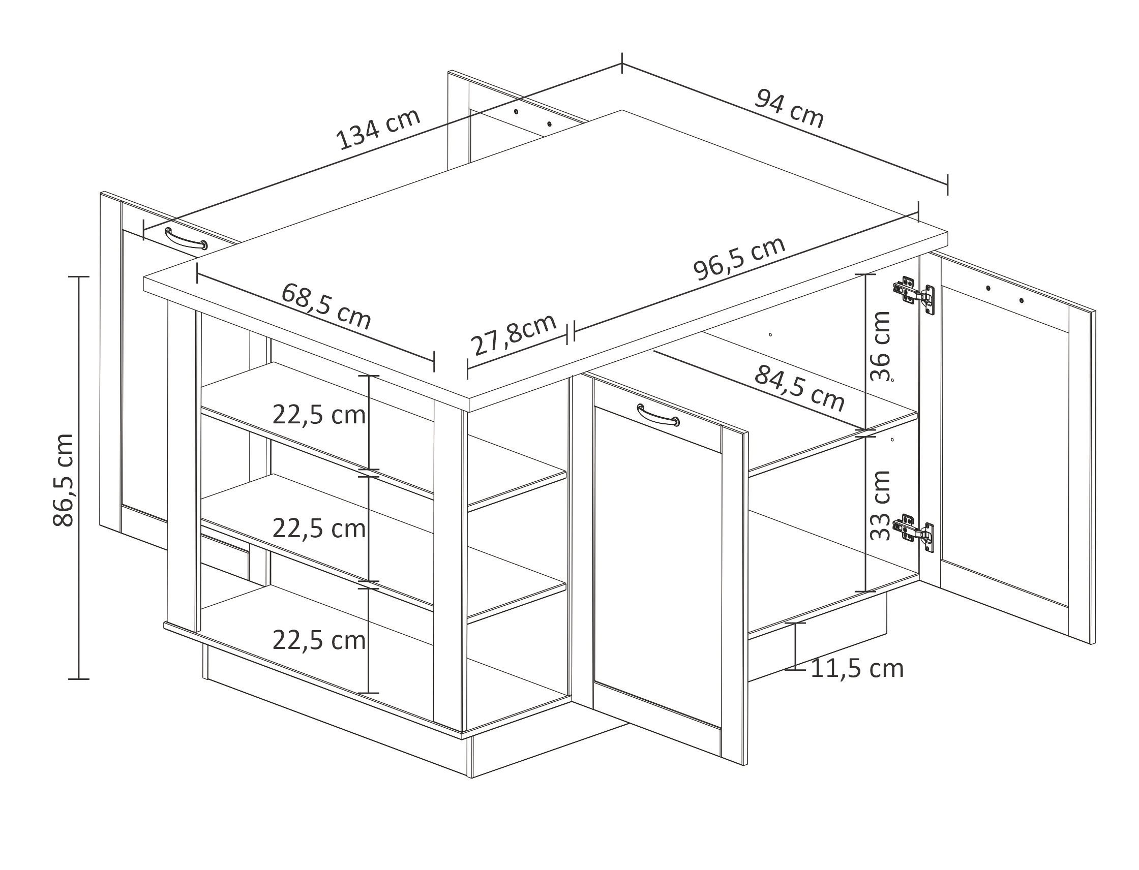 Home affaire Kücheninsel »Teramo« Breite 130 cm,4 Türen, 3 offene Fächer