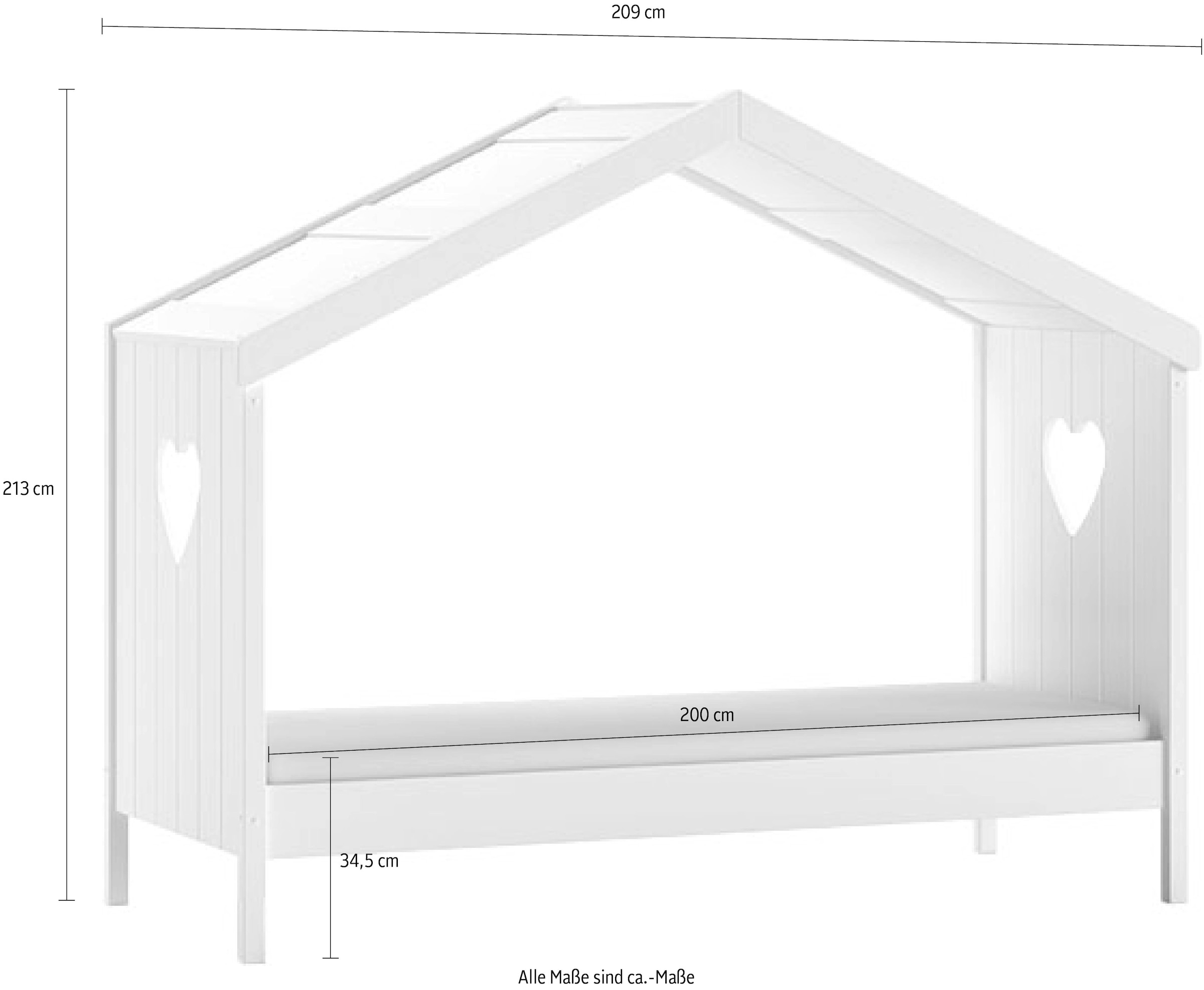 Vipack Hausbett »Amori, inkl. Dach, Rückseitig offen, mit Rolllattenrost« B/H/T ca. 213x171,7x98,7cm, verspielte Herz-Ausschnitte seitlich,  wahlweise, mit oder ohne Schublade und Absturzschutz, weiss lackiert