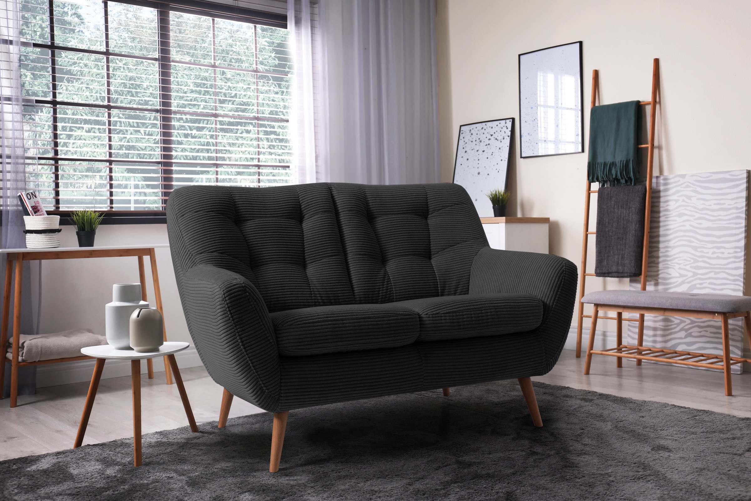 exxpo - sofa fashion 2-Sitzer »Scandi, bequem, aufwendige Rückenpolsterung für mehr Sitzkomfort«, akuelle Farben in hochwertige Bezugsqualitäten, Holzfuss
