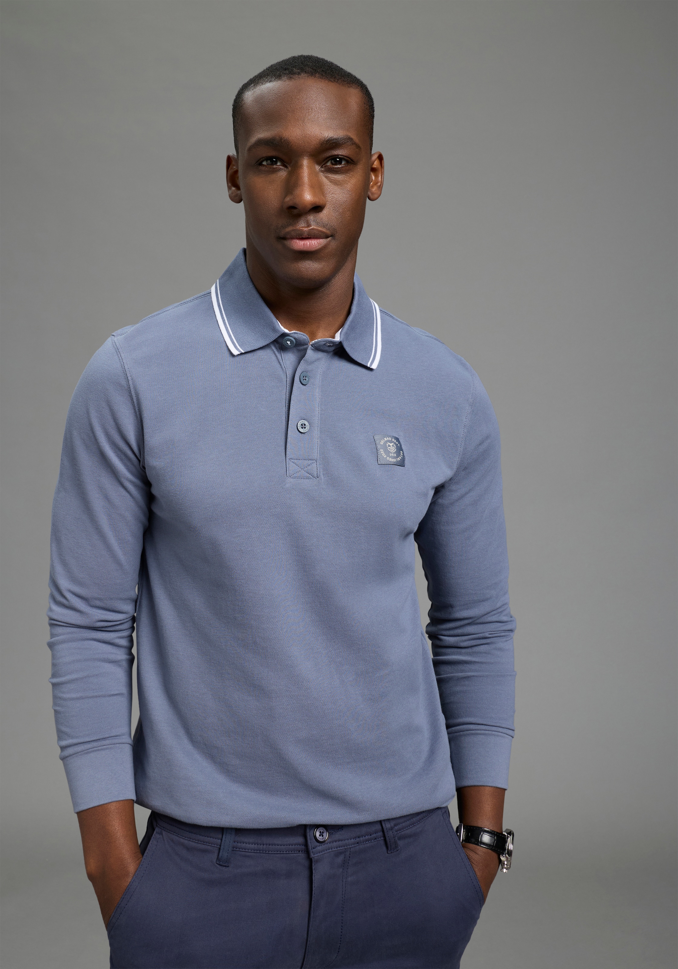 Image of DELMAO Langarm-Poloshirt "Neue Kollektion" schmale Passform, Langarm, unifarben, aus Piqué-Material