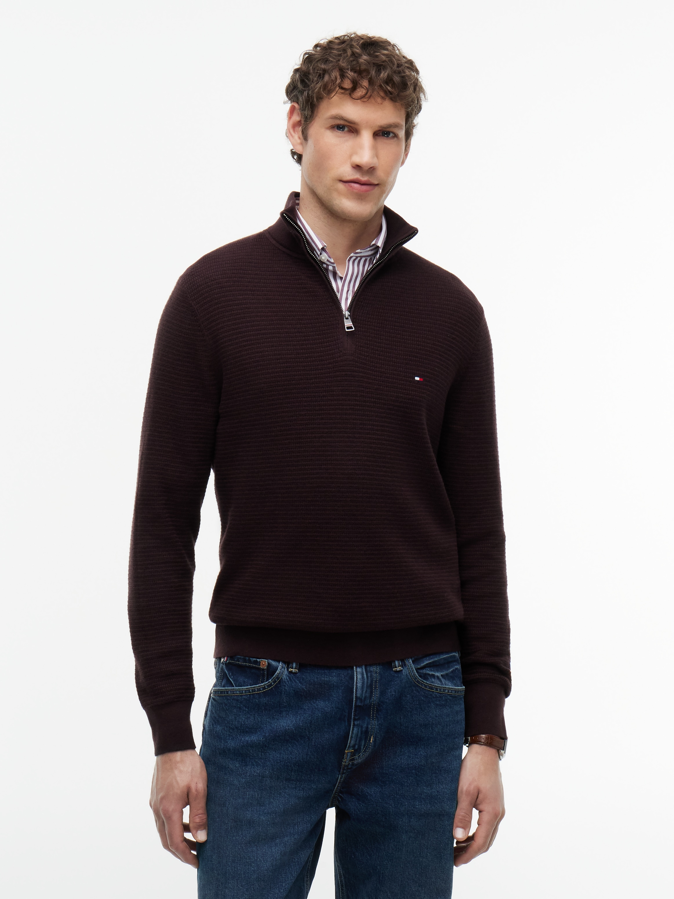 Image of Tommy Hilfiger Troyer "PIMA COTTON CASH STRUCTURE ZIP MOCK" mit Kaschmiranteil, Stehkragen mit Reissverschluss