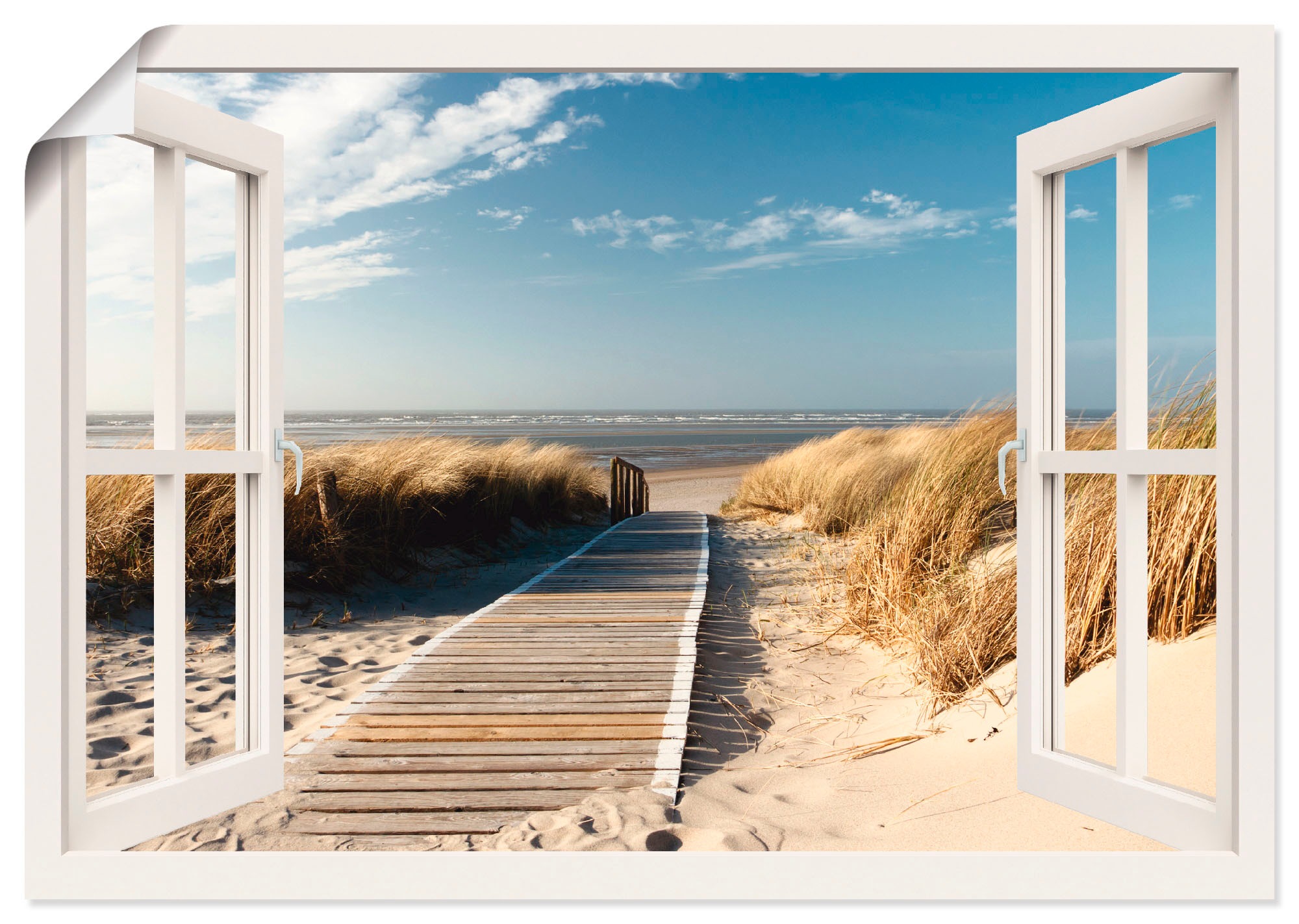 Image of Artland Wandbild »Fensterblick Nordseestrand auf Langeoog«, Fensterblick, (1 St.), in vielen Grössen & Produktarten -Leinwandbild, Poster, Wandaufkleber / Wandtattoo auch für Badezimmer geeignet bei Ackermann Versand Schweiz