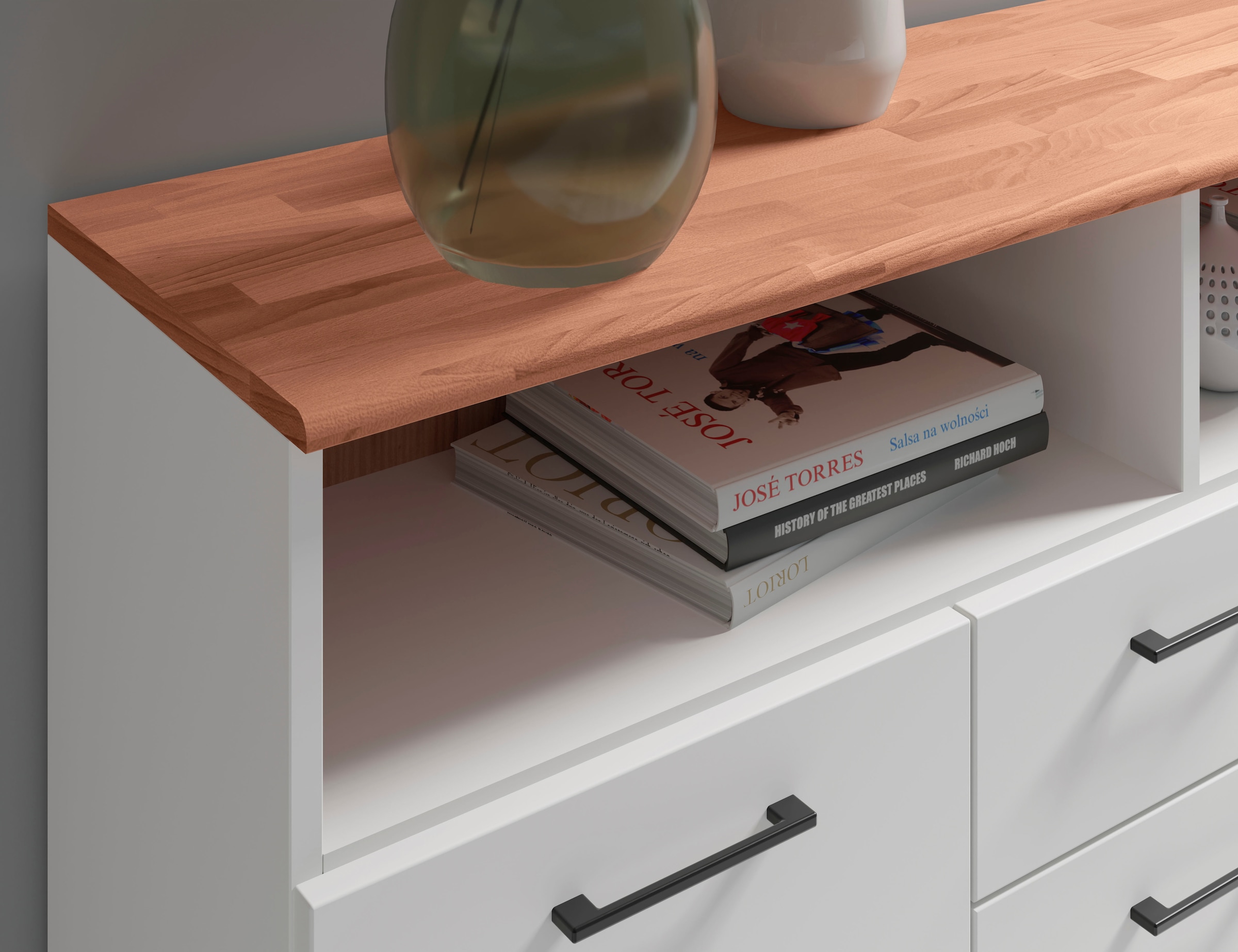 GOODproduct Sideboard »Ribe,130cm breit,80cm hoch,Oberplatte Holz massiv,6 Fächer« Oberplatte Kernbuche massiv,schwarze Metall Griffe