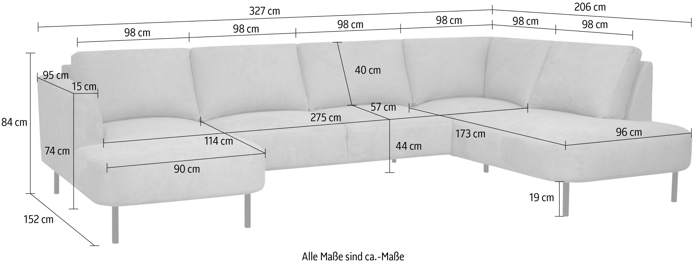 Places of Style Wohnlandschaft »Cesola«, in weichem Chenille-Stoff, Breite 327 cm, mit schwarzen Metallfüssen